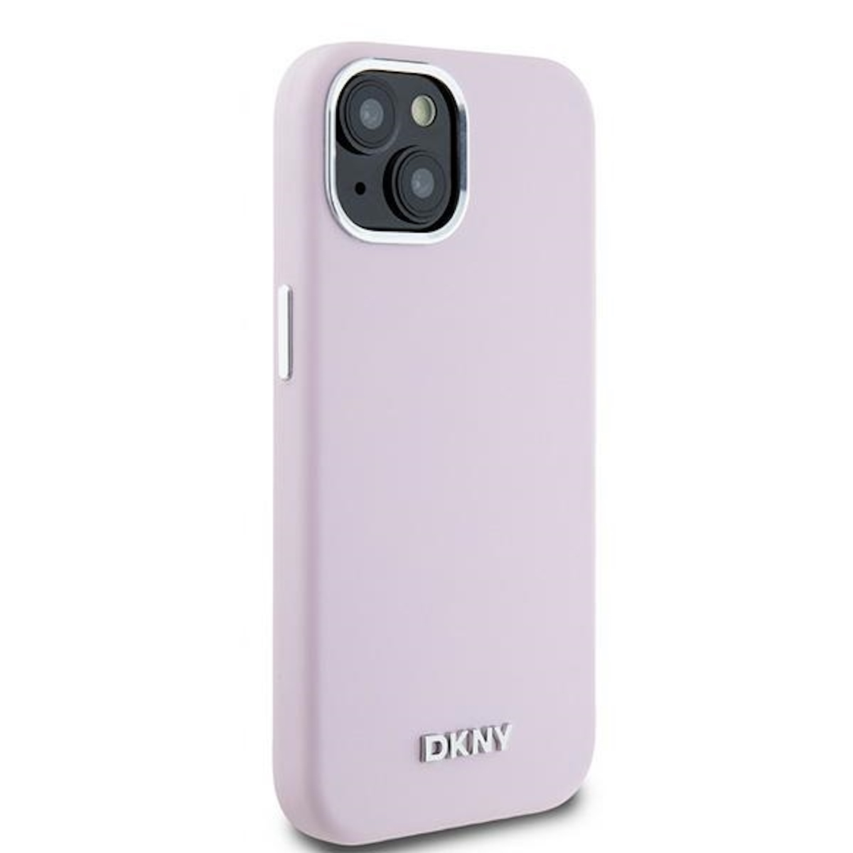 Una custodia lilla chiaro con anello fotocamera argentato e logo DKNY.