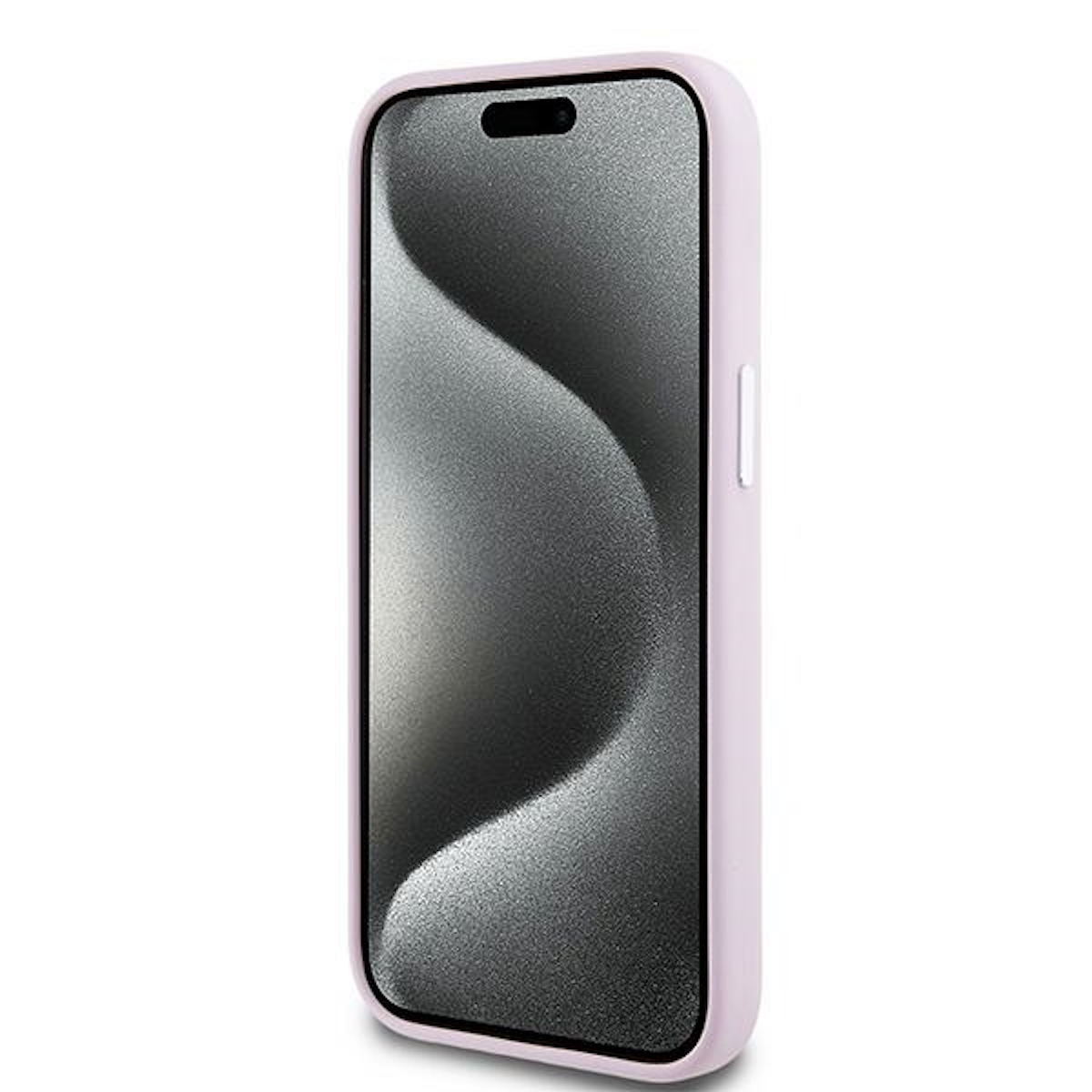 Telefono rosa in custodia con notch, sfondo bianco.