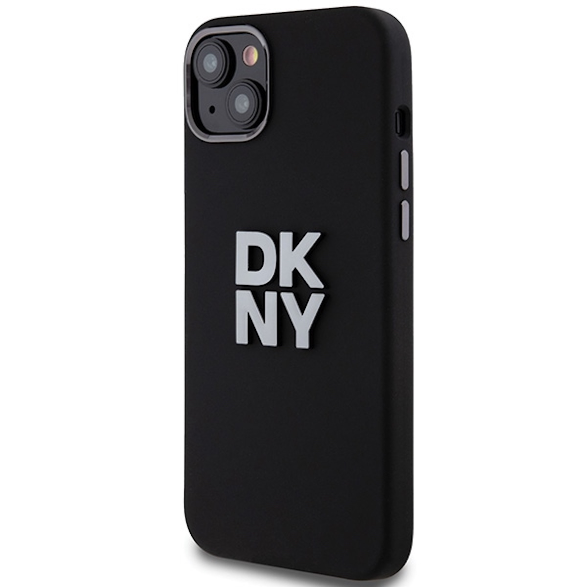 Custodia per telefono nera con testo "DKNY" bianco.