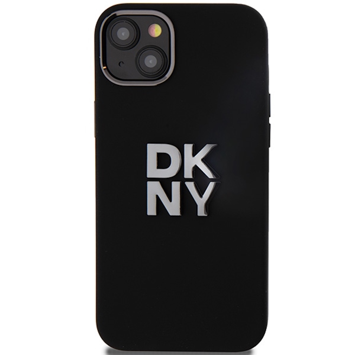 Una custodia nera per iPhone con il logo DKNY in argento. La custodia è nera con logo argento lucido.