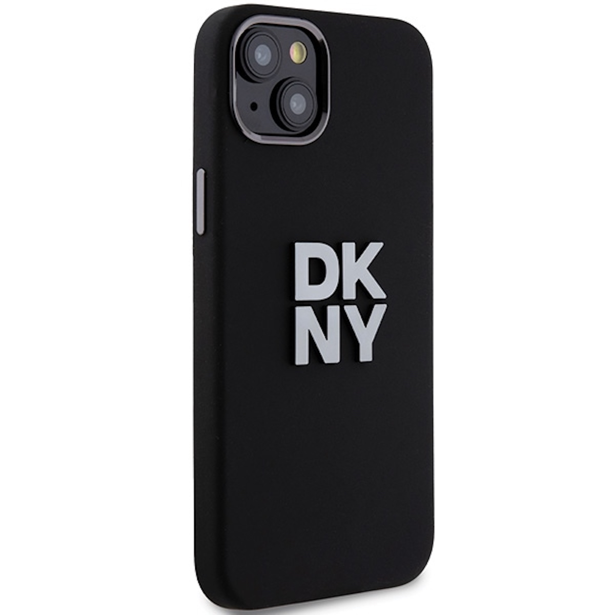 Custodia per telefono nera con logo DKNY in argento, design elegante.