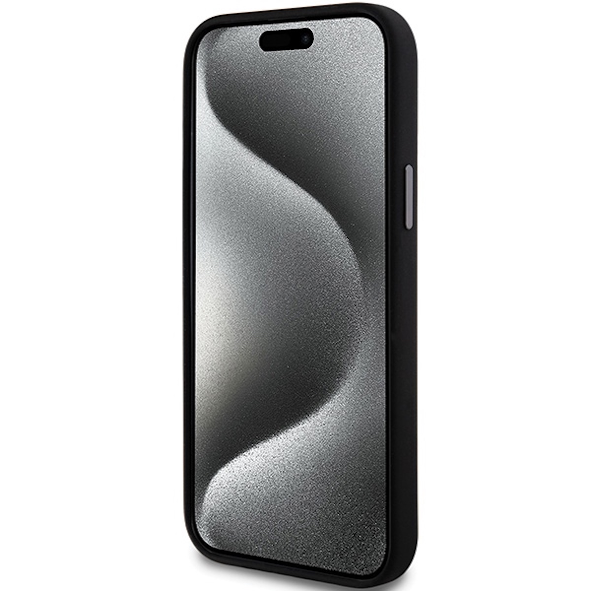 Telefono nero in custodia nera, schermo grigio mostra un motivo. Il telefono è su sfondo bianco.