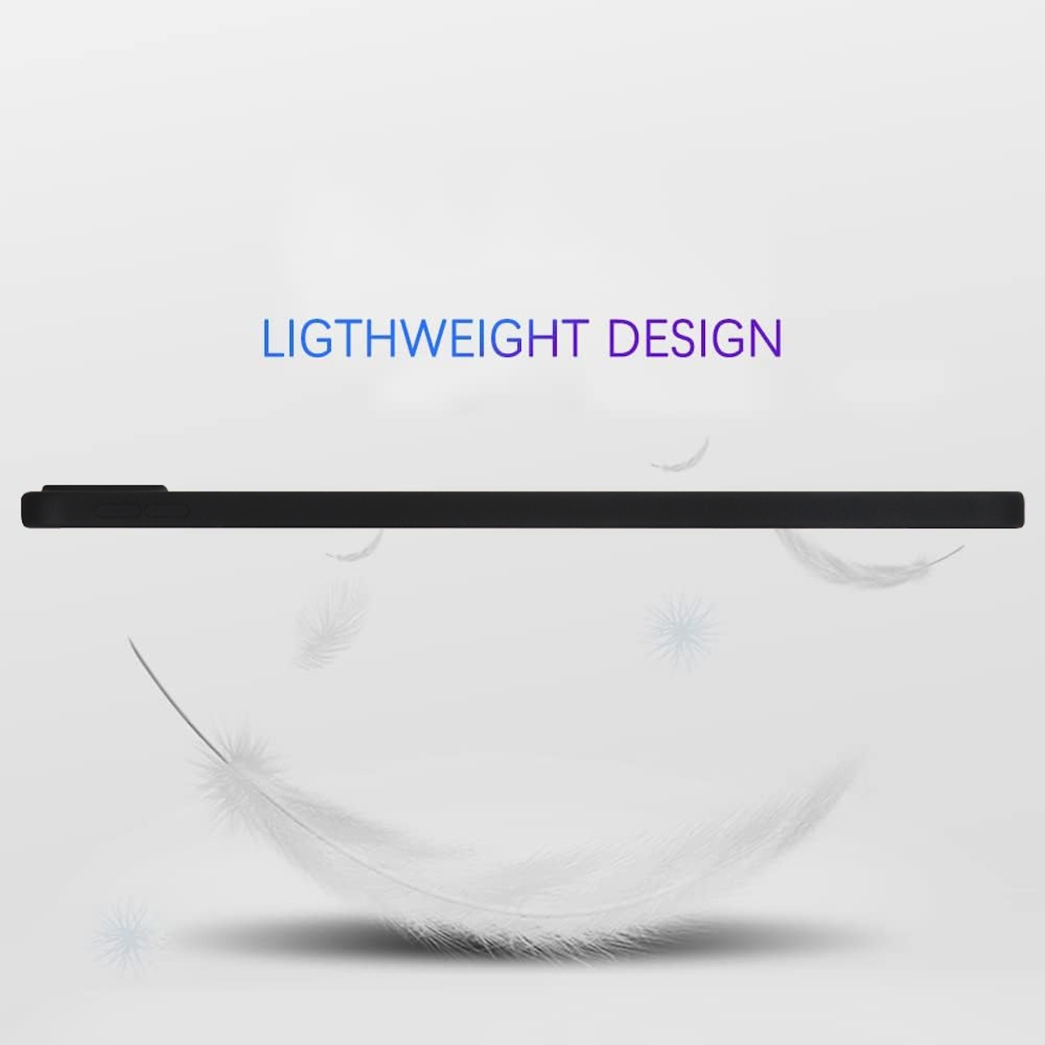 Schwarze Handyhülle. Weiße Feder schwebt. Text "LIGHTWEIGHT DESIGN".