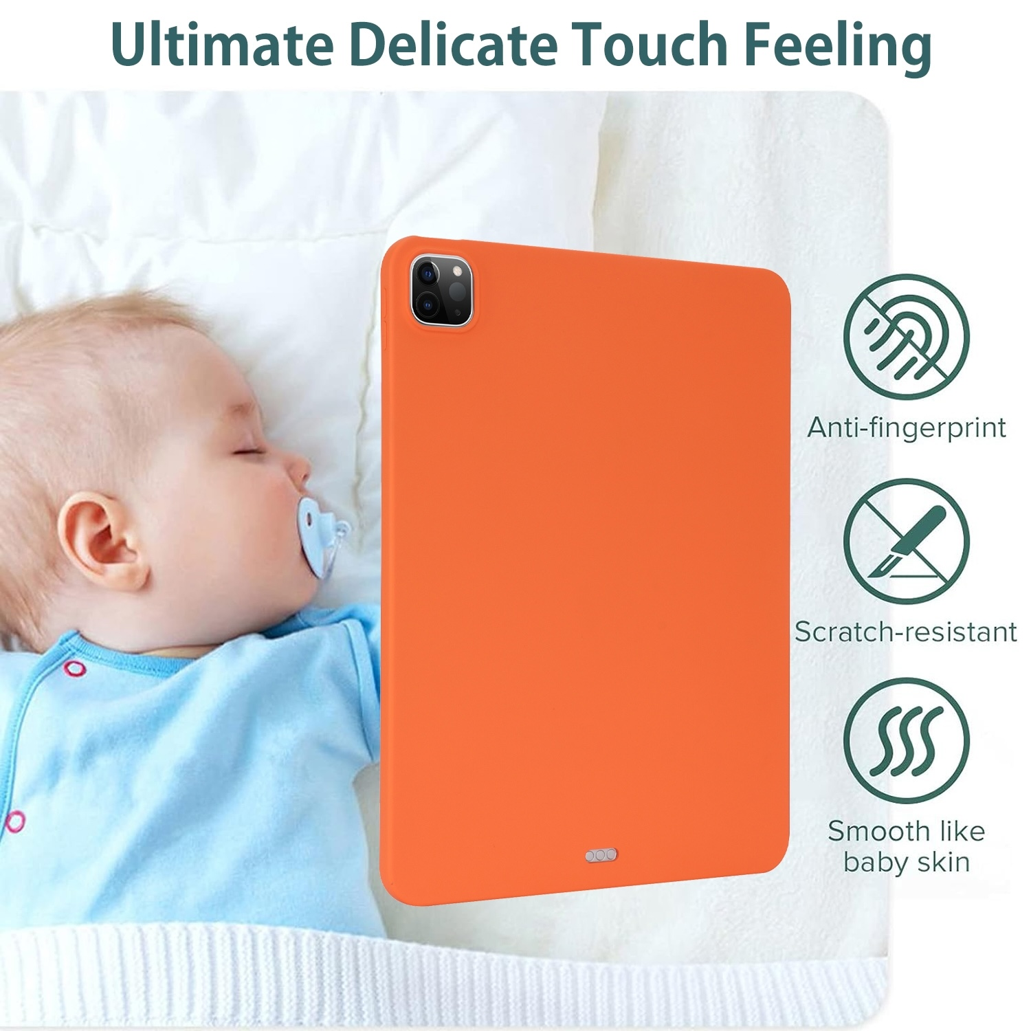 Ein Baby schläft neben einer orangefarbenen Tablet-Hülle, mit Symbolen für Funktionen.
