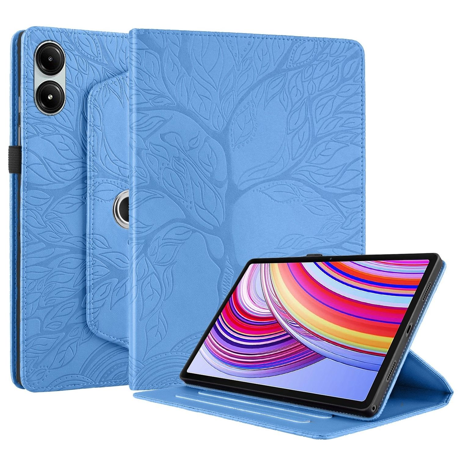 Blaue Tablethülle mit einem Tablet, das ein Bild anzeigt.