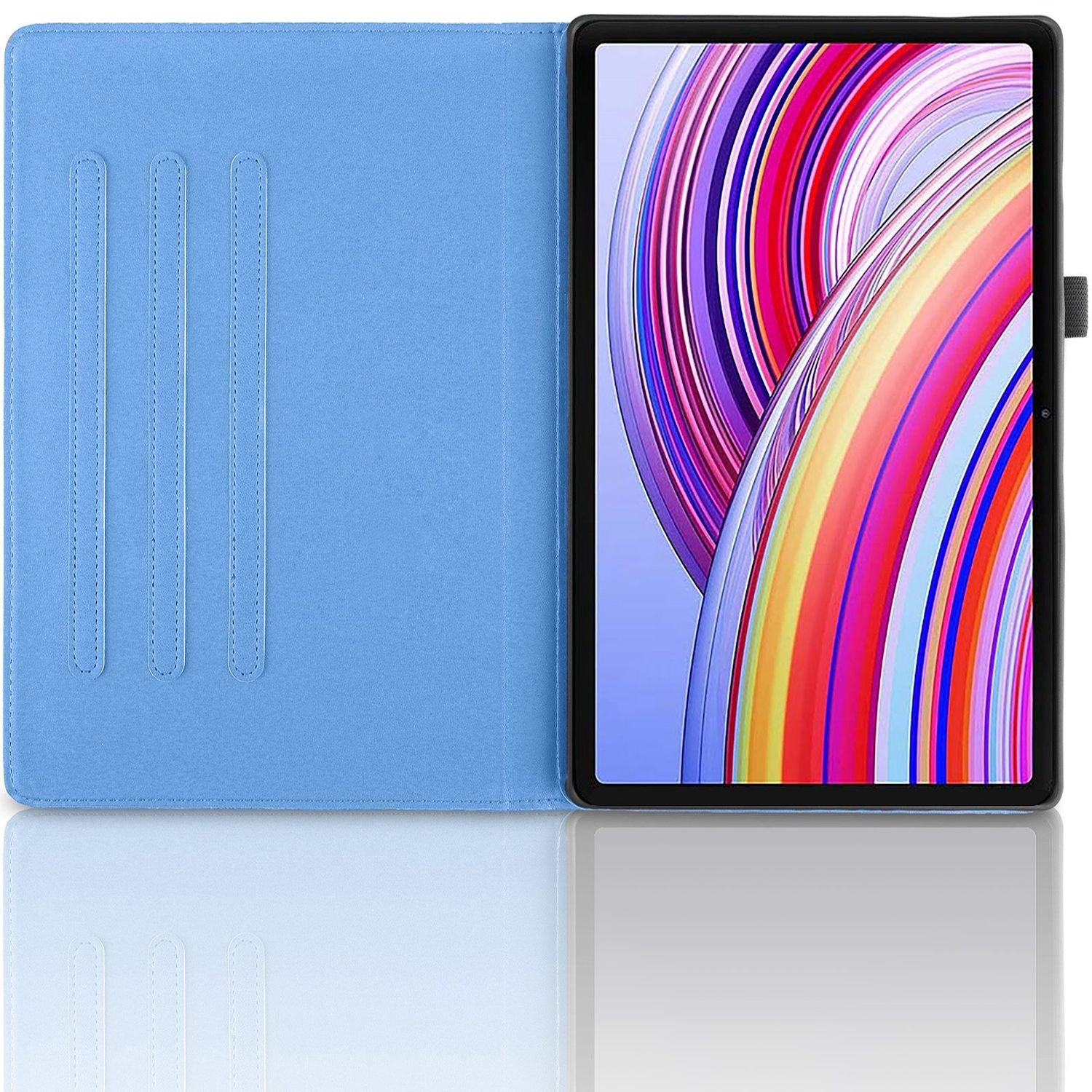 Geöffnete blaue Tablethülle mit Tablet, das ein farbenfrohes, abstraktes Bild zeigt.