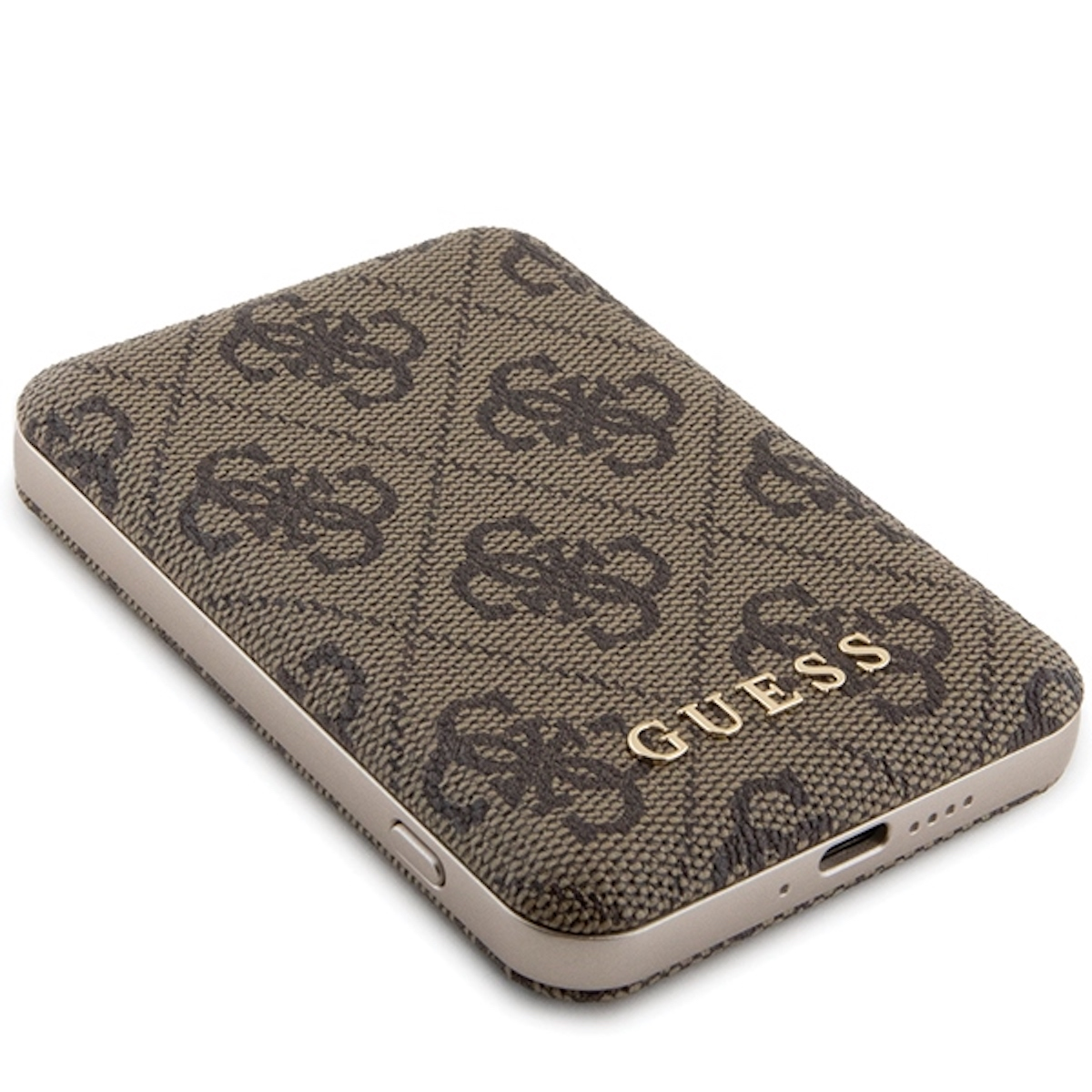 Telefoonhoesje met bruin Guess-logopatroon. Gouden Guess-tekst op de hoes.