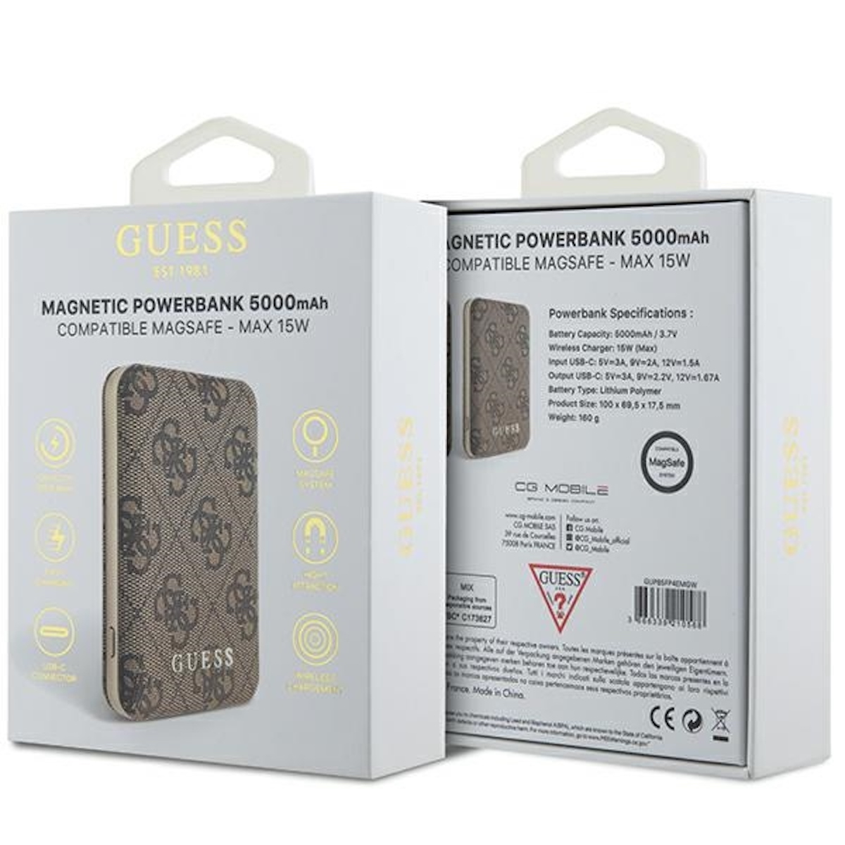 Twee dozen met het Guess-logo en een powerbank-ontwerp. Het ontwerp bevat een bruin patroon en tekst.