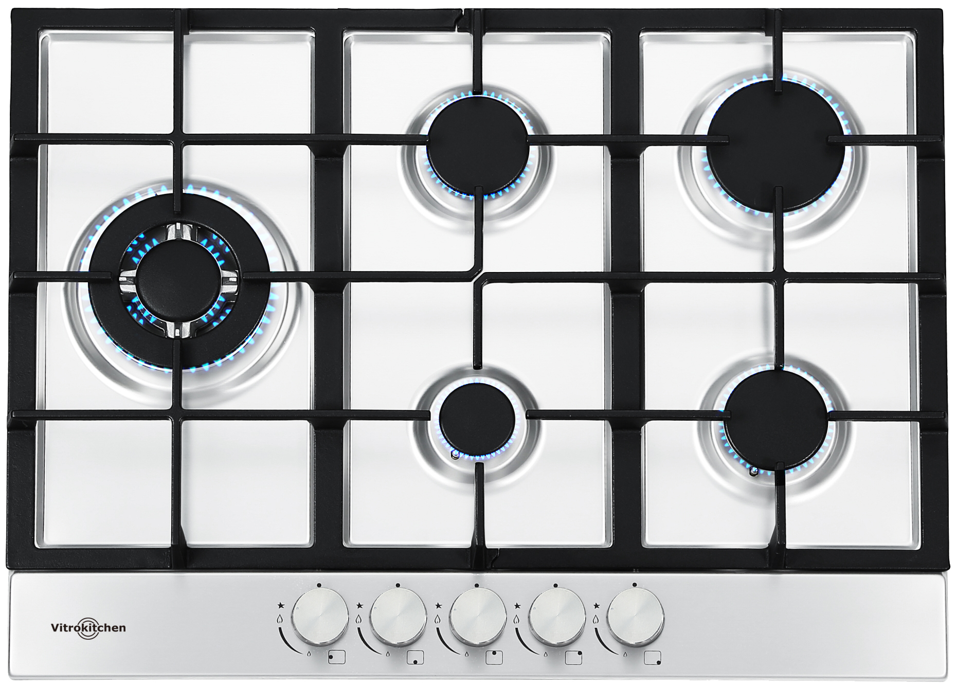 Cocina de gas con cinco quemadores, superficie plateada, rejilla negra. Perillas abajo para control. Logo Vitrokitchen.
