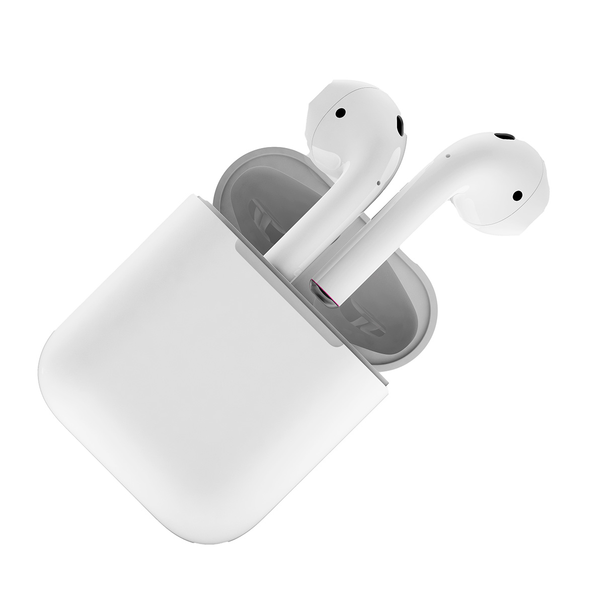 Auriculares blancos en estuche de carga blanco. El estuche está abierto.