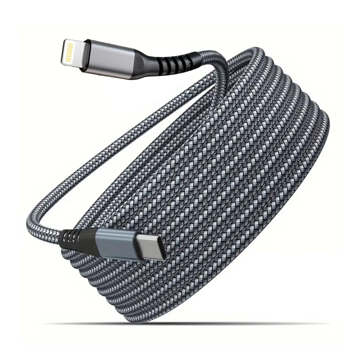 Un cable trenzado gris enrollado con un conector USB-C y un conector Lightning.