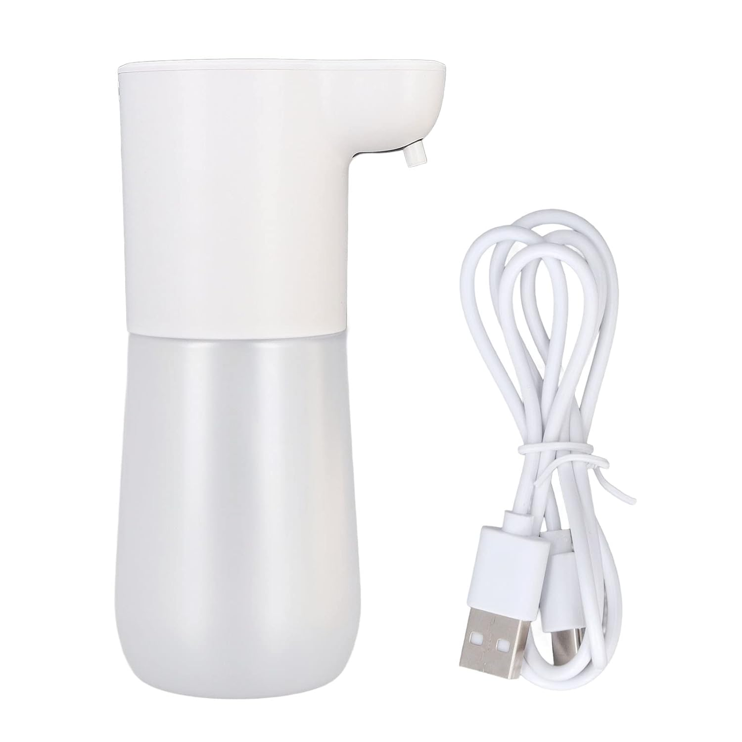 Dispensador de jabón automático blanco con cable USB al lado.
