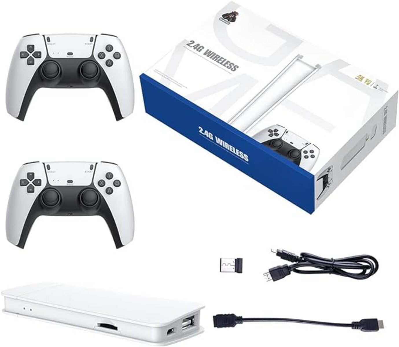 Dos mandos de juego blancos y una caja blanca con una imagen del mando. Se incluyen cables y un receptor USB.