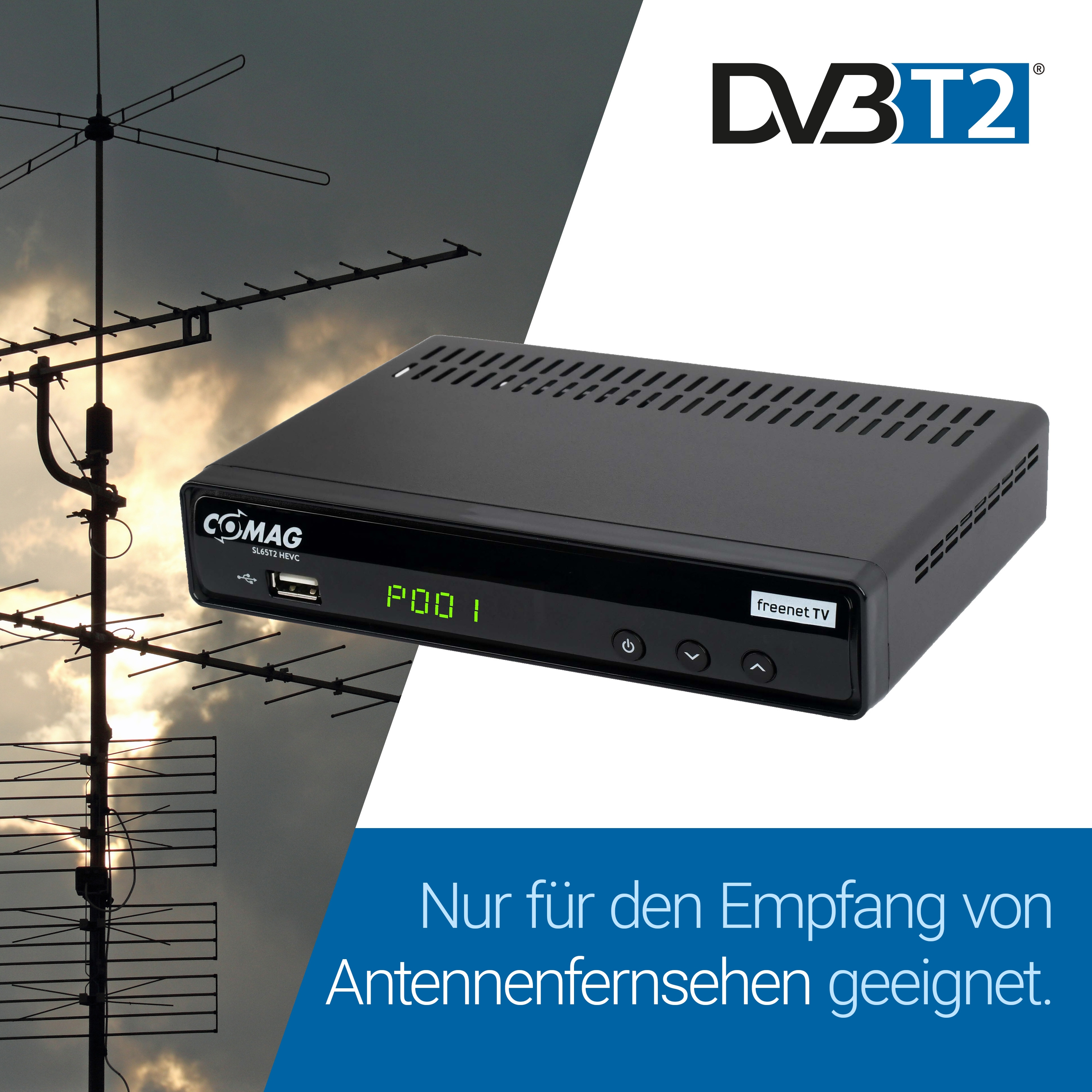 Schwarzer DVB-T2-Receiver mit Antenne im Hintergrund. Text auf Gerät: free net TV. Nur für Antennen-TV.