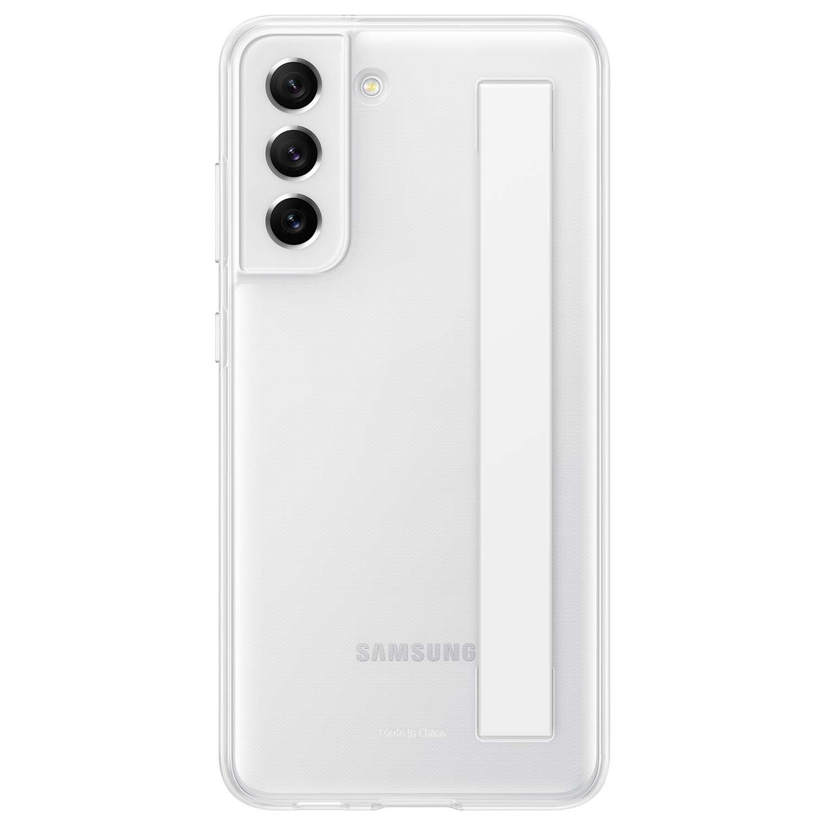 Una custodia trasparente per telefono con un supporto bianco.