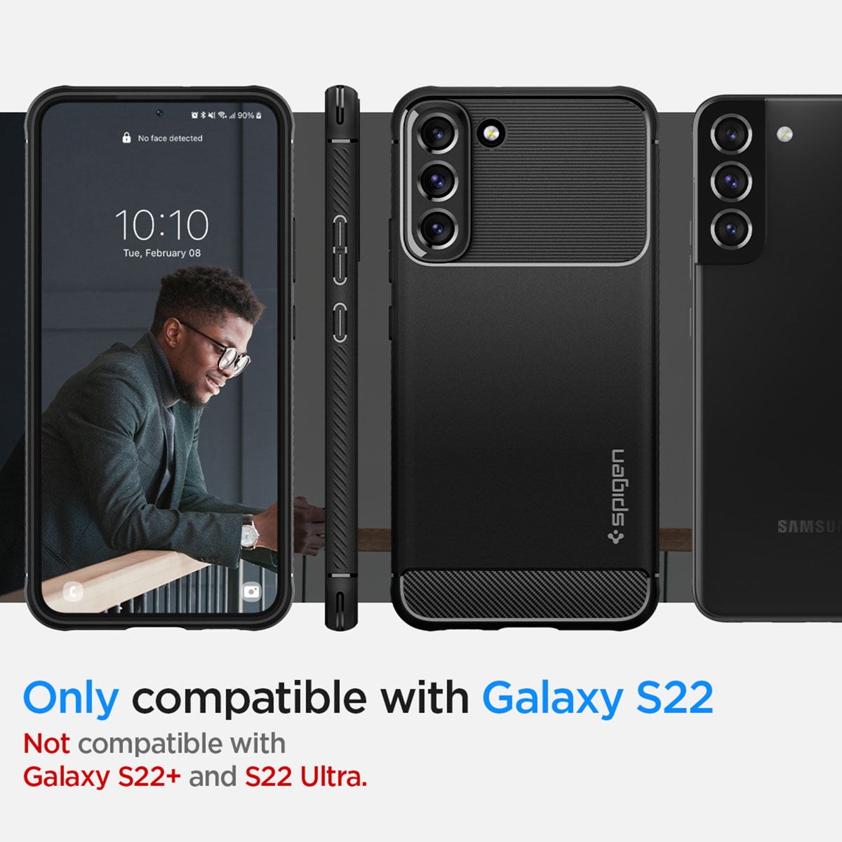 Schwarzes Telefon mit Hülle, Seitenansicht. Text besagt, dass die Hülle nur für Galaxy S2 ist.