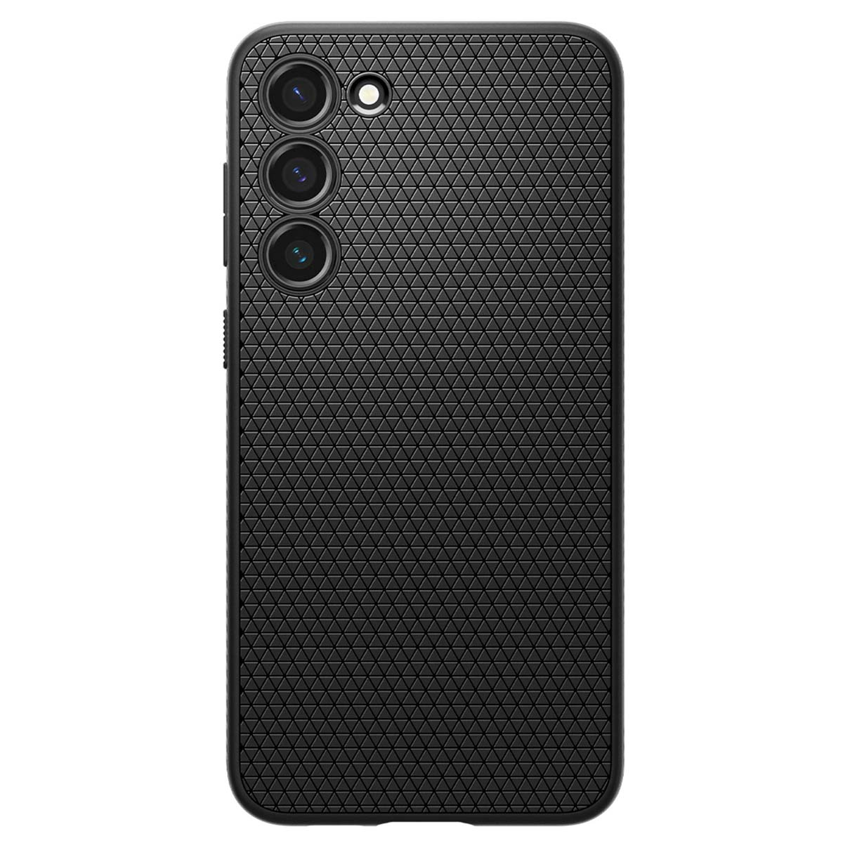Smartphone nero con tre fotocamere e retro strutturato.