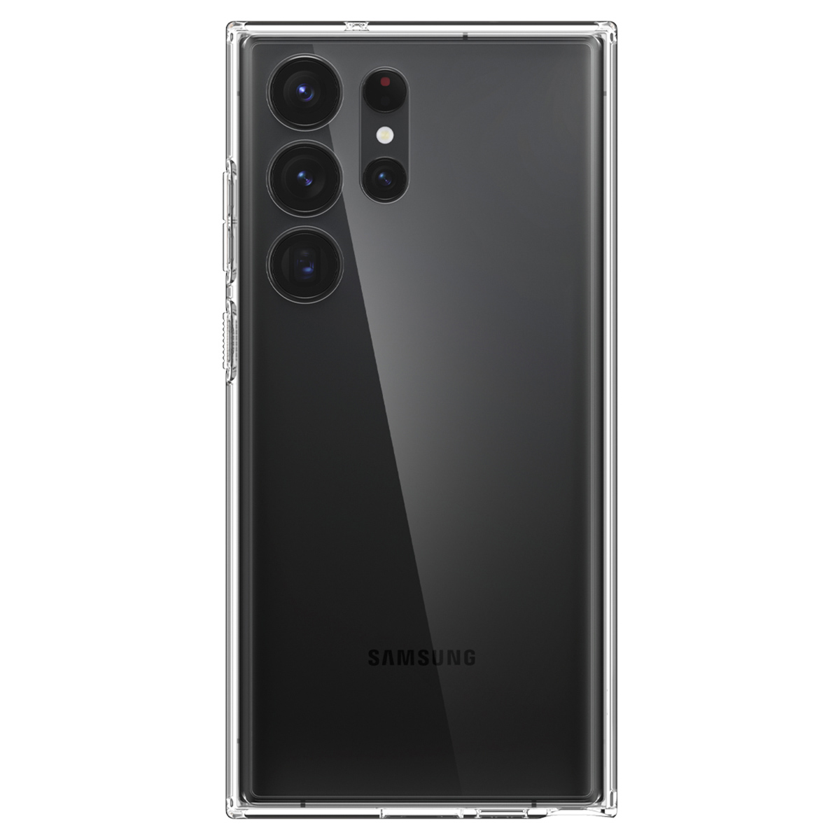 Ein schwarzes Samsung-Telefon mit transparentem Gehäuse.