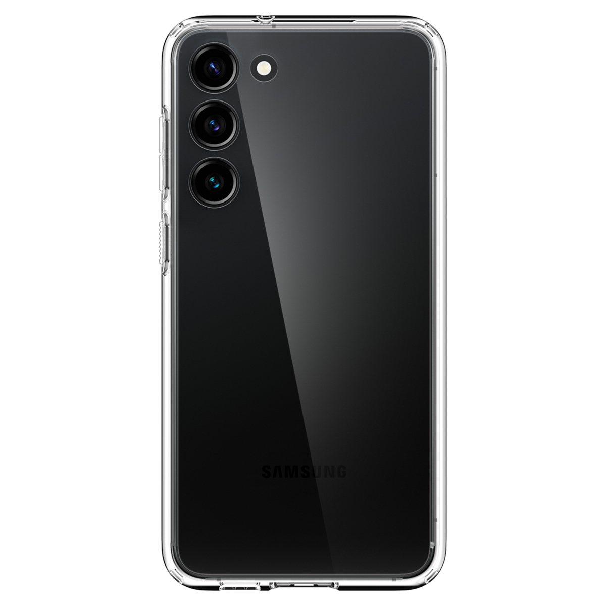 Eine transparente Handyhülle auf einem schwarzen Smartphone, mit drei Kameralinsen.