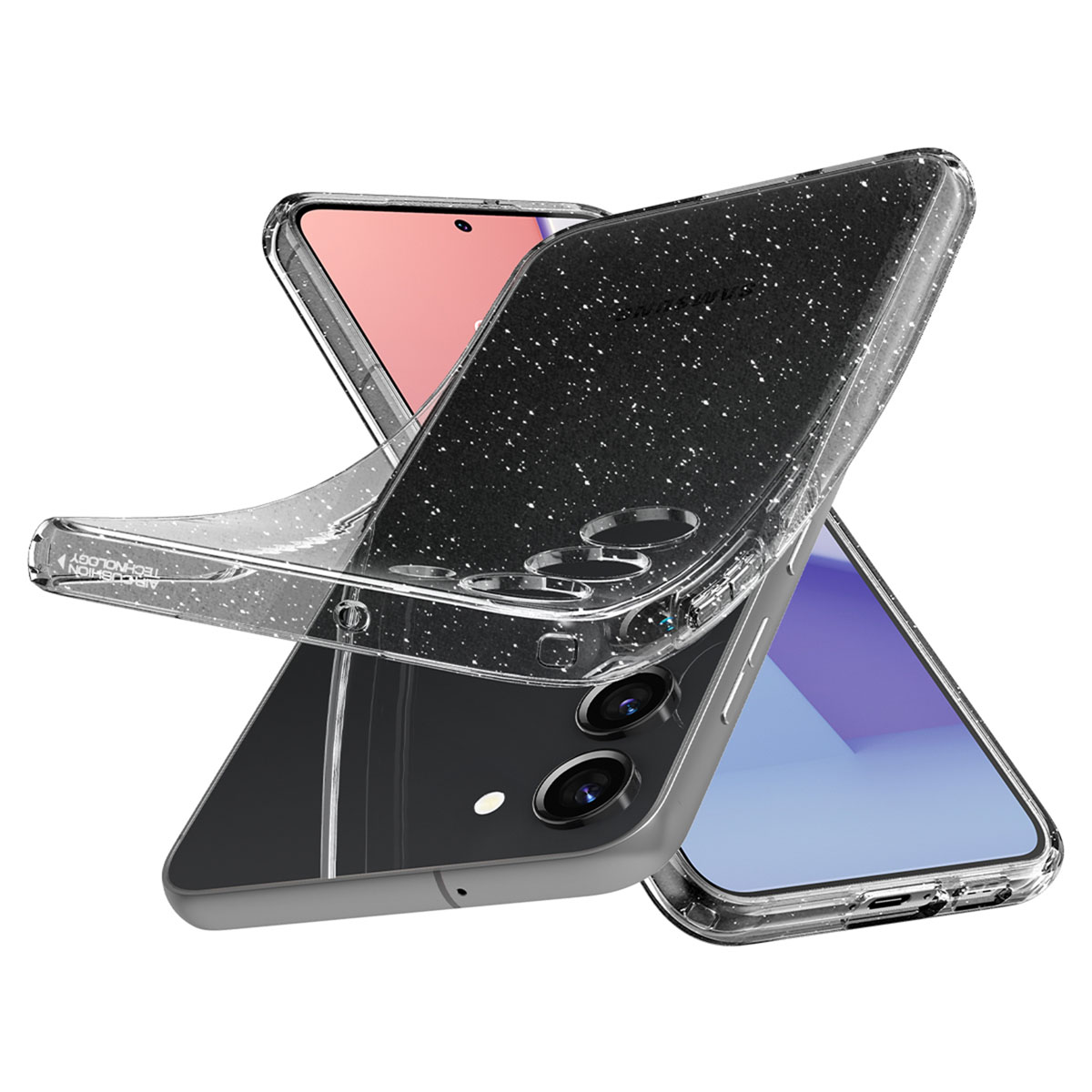 Téléphone dans une coque transparente avec paillettes. Plusieurs téléphones sous différents angles. Téléphone noir avec paillettes.