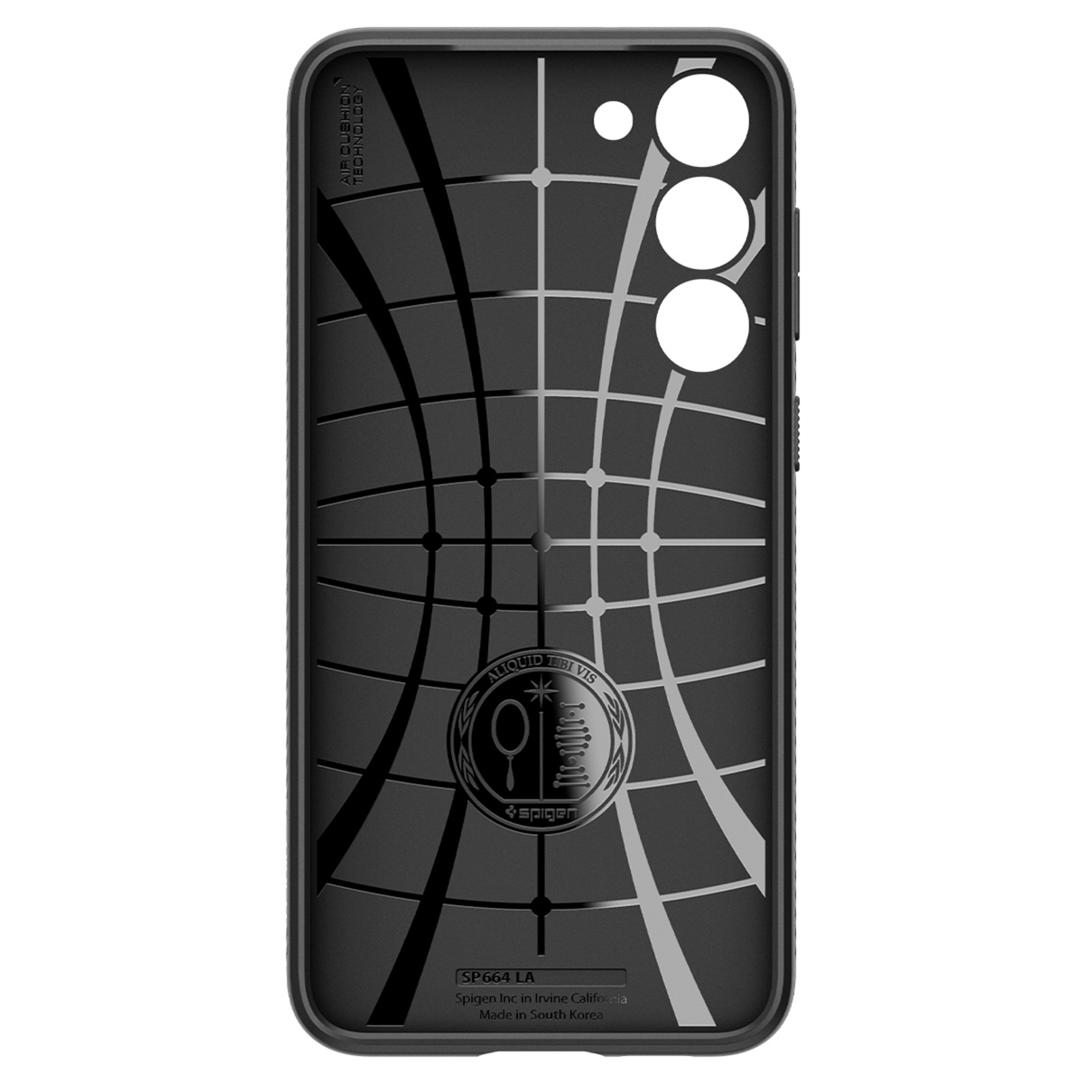 Zwarte telefoonhoes met lijnenpatroon en een metalen logo. De hoes is voor een Samsung-telefoon.