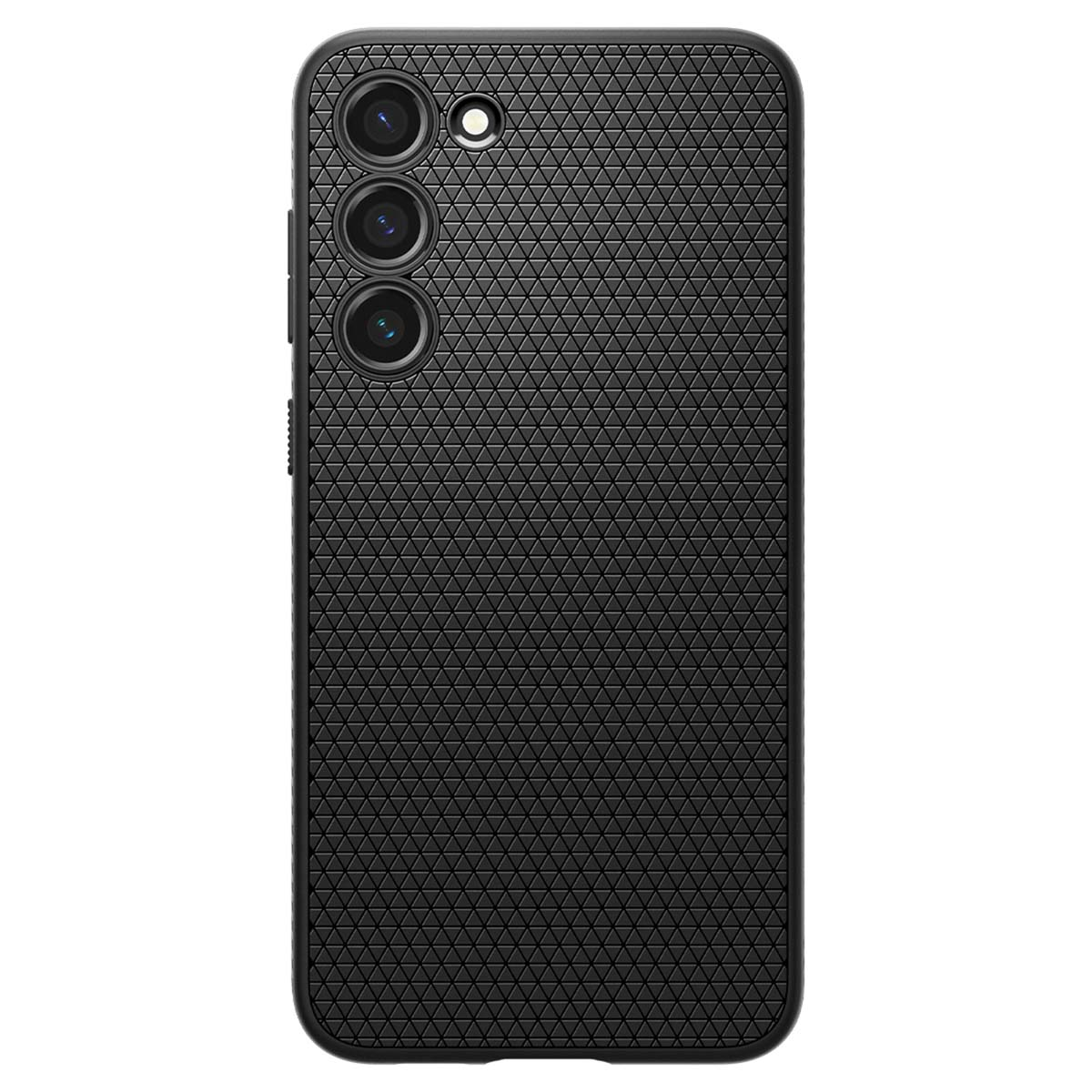 Zwarte telefoonhoes. Het heeft drie cameralenzen en een textuurpatroon op de achterkant.