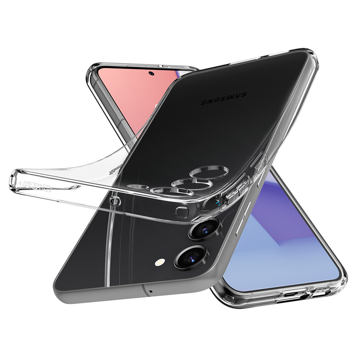 Een transparant telefoonhoesje en een telefoon. Twee andere telefoons staan op de achtergrond. Witte achtergrond.