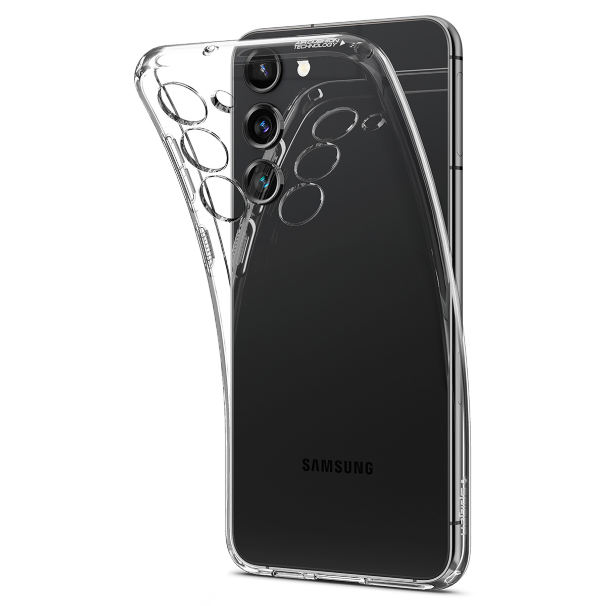 Een zwarte Samsung telefoon met een doorzichtige beschermhoes. De hoes is gedeeltelijk verwijderd.