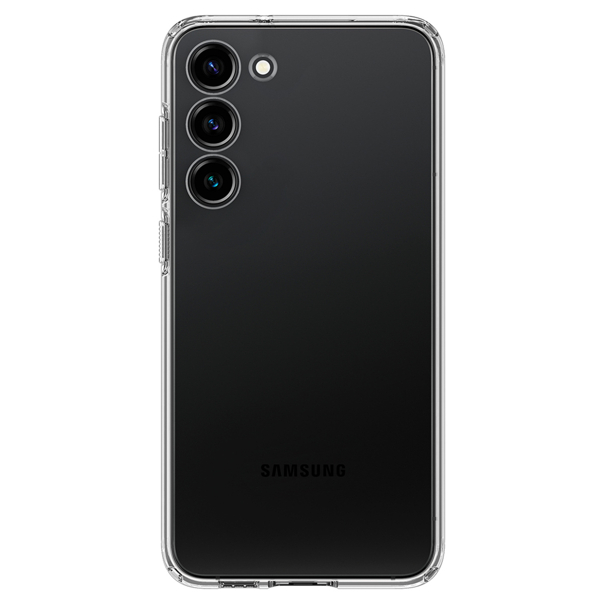 Zwarte telefoon met een doorzichtige hoes. De achterkant toont drie cameralenzen.