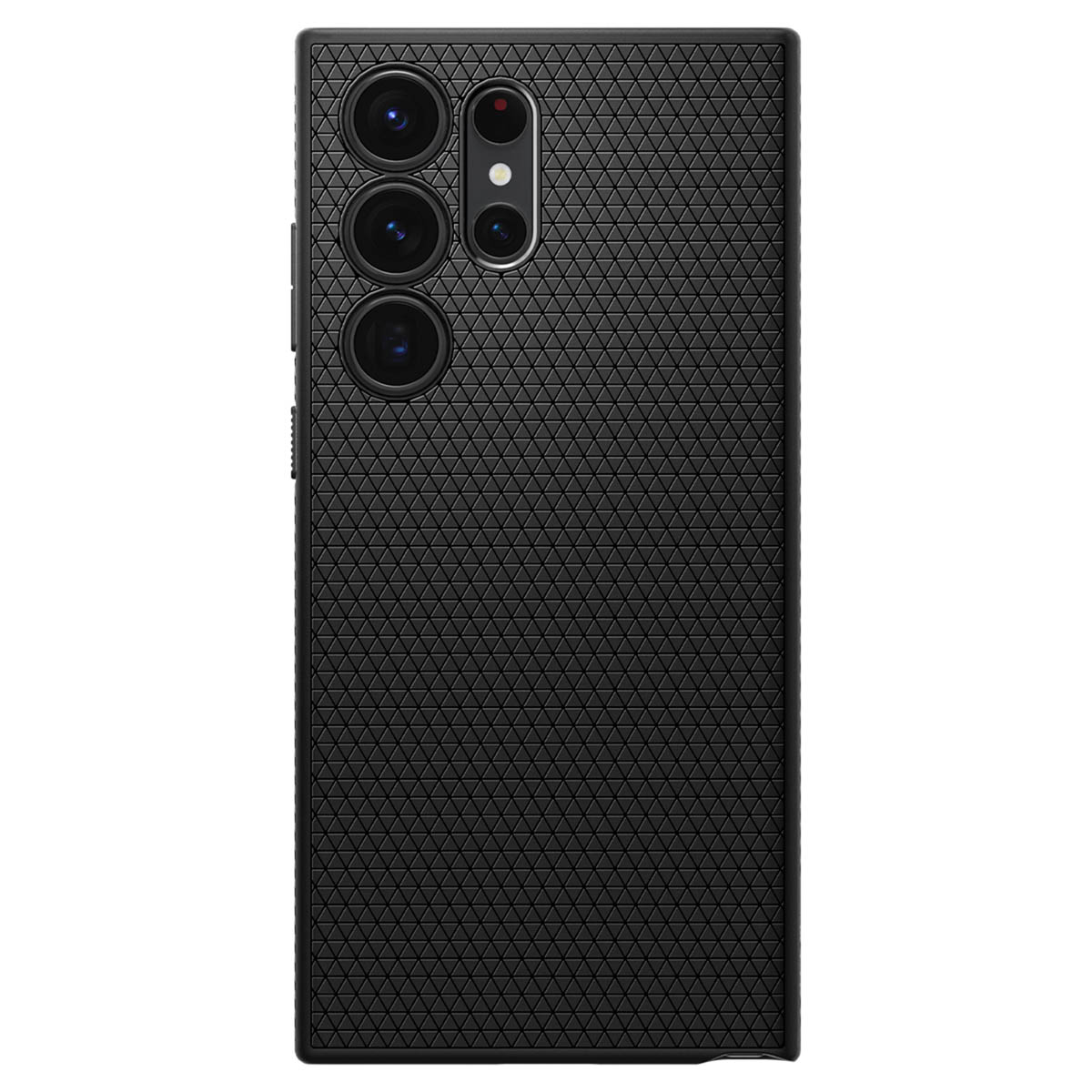 Zwart telefoonhoesje met een gestructureerd oppervlak. De achterkant van de telefoon is zichtbaar.