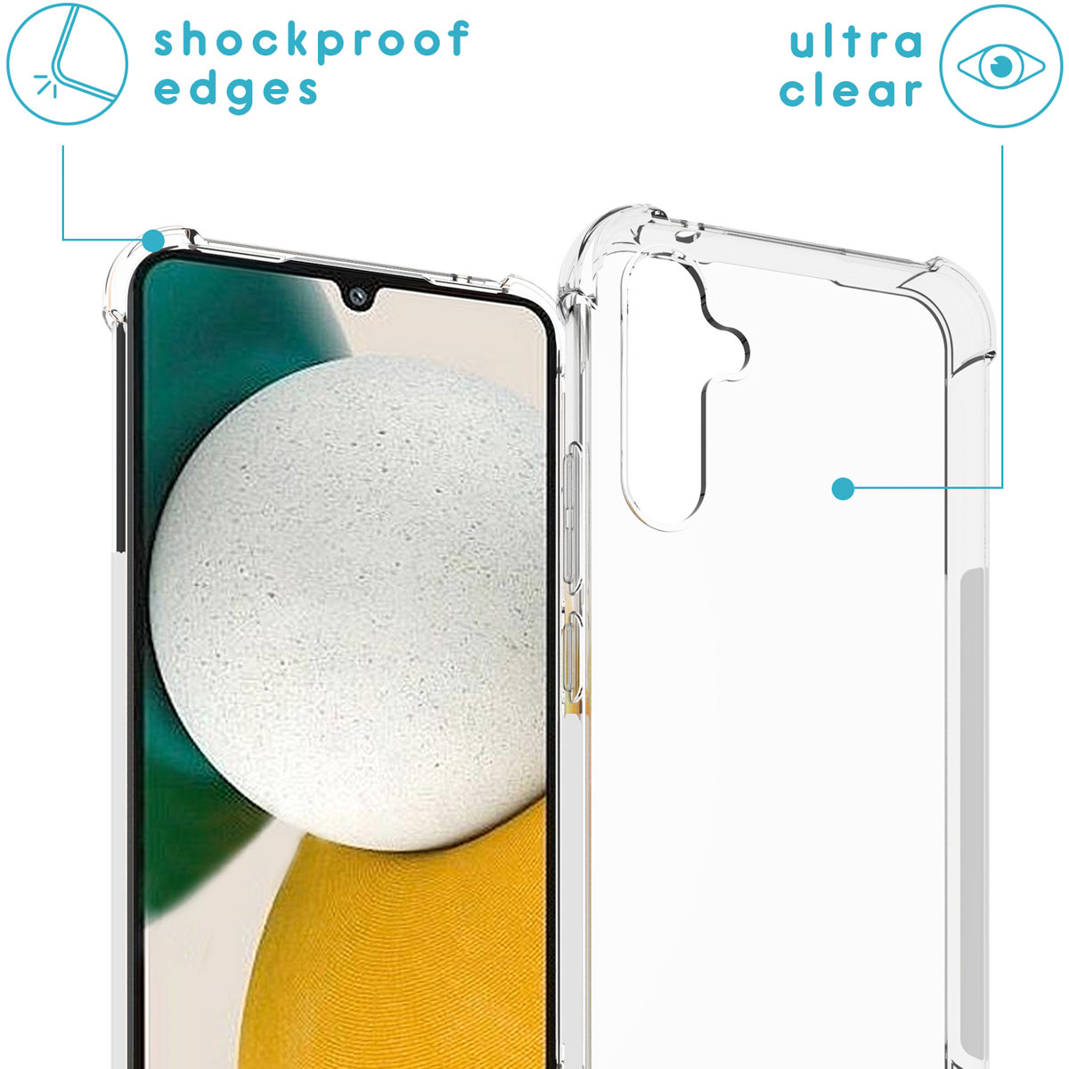 Coque de téléphone transparente sur un téléphone. Texte indiquant des bords antichoc et ultra clair.