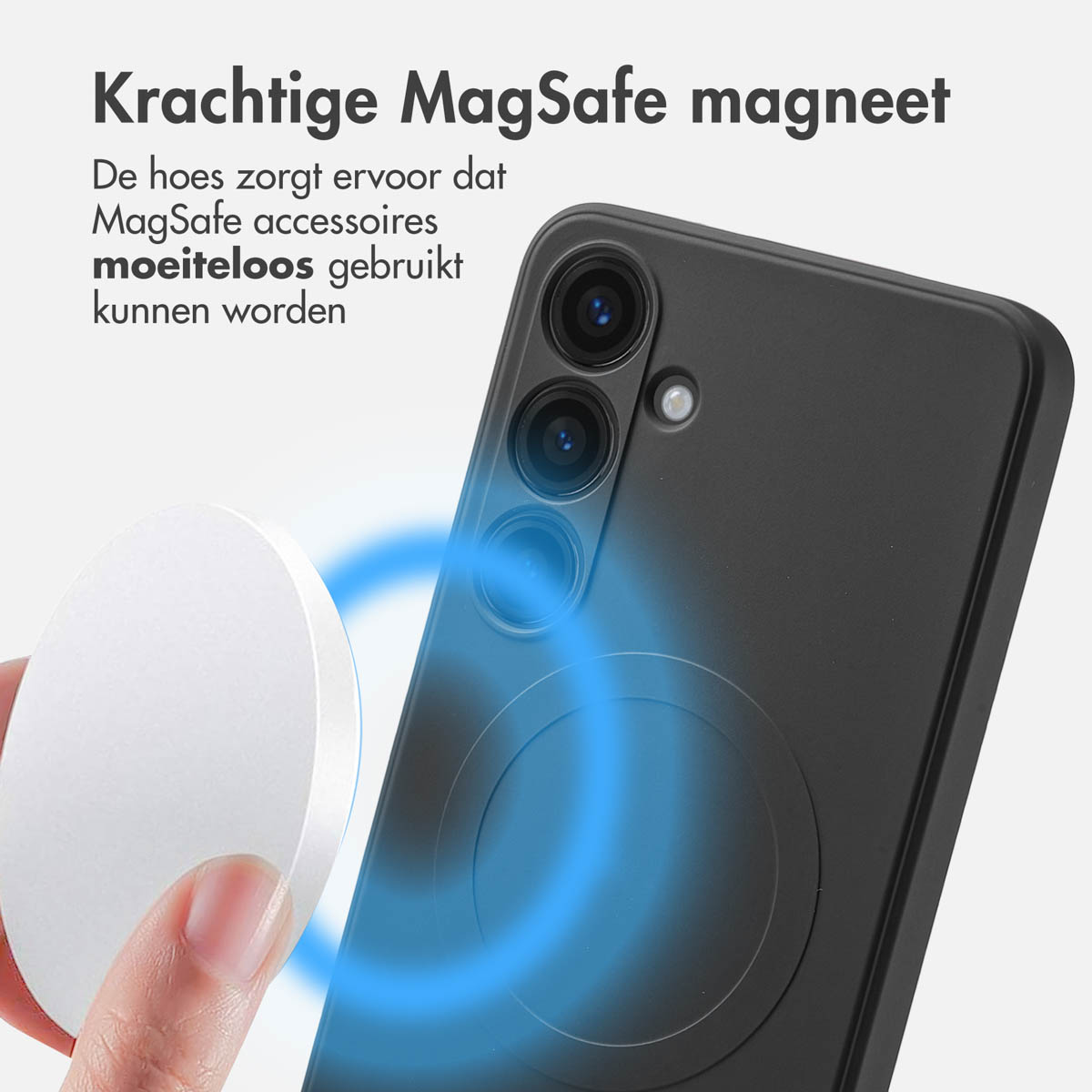 Zwarte telefoon met een witte MagSafe-accessoire. Een blauwe cirkel geeft de magneet aan.