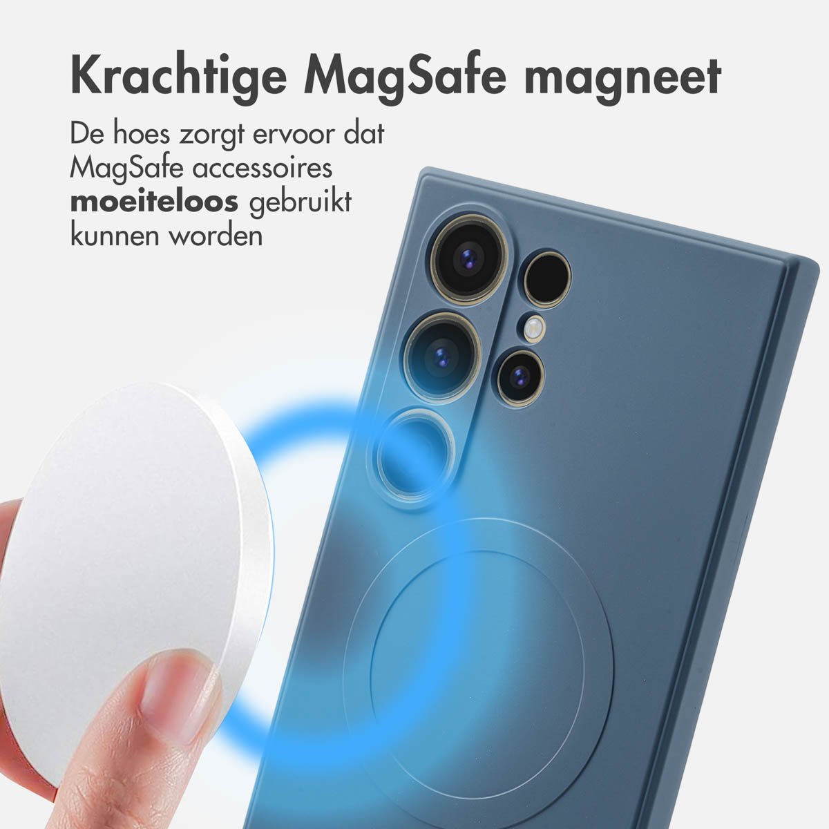 Un étui de téléphone avec un aimant MagSafe est montré. Un cercle blanc est tenu près de l'étui, avec un effet de champ magnétique bleu.