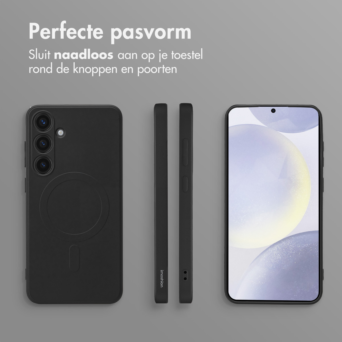 Zwarte telefoonhoes met een telefoon erin, samen met twee zijaanzichten van de hoes.