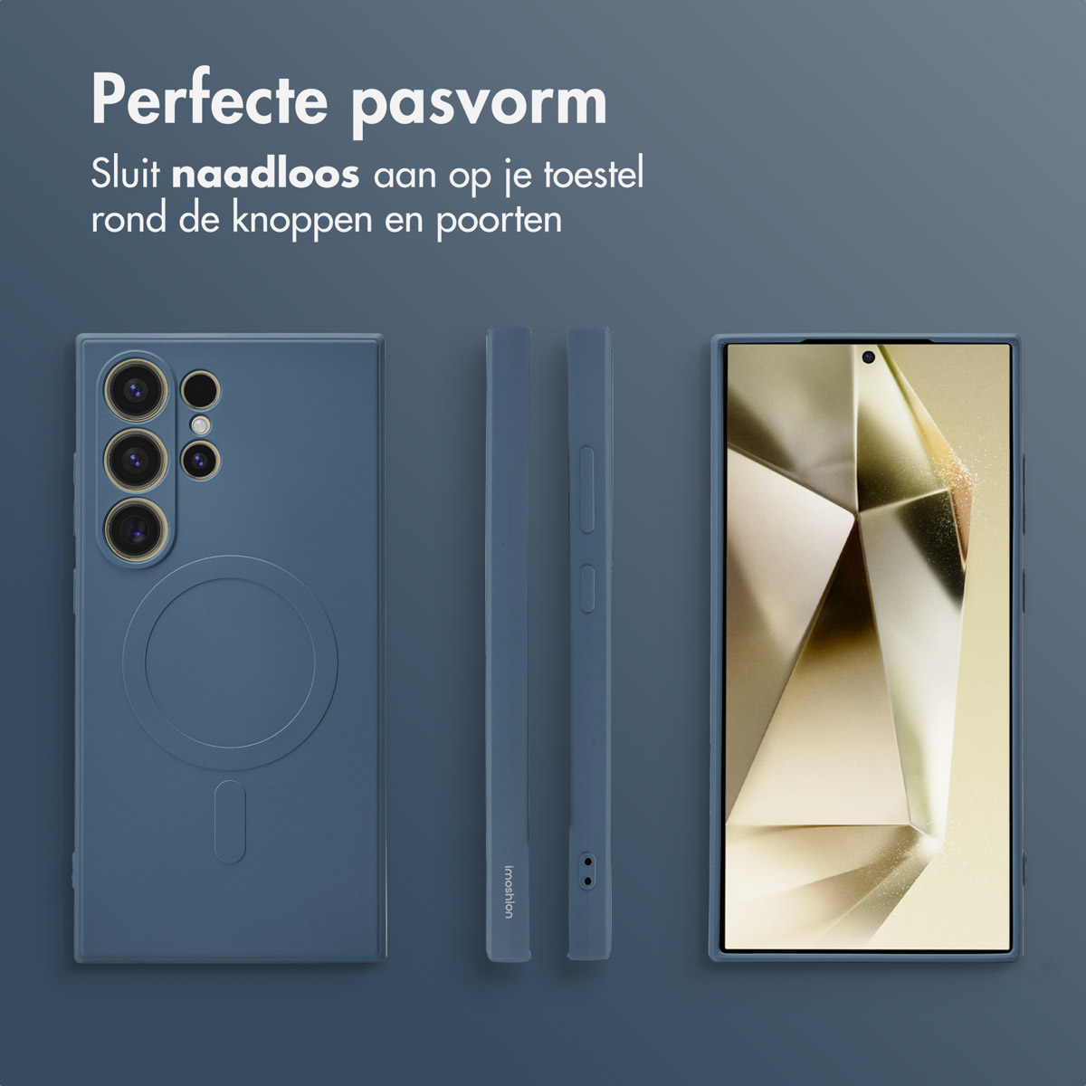 Téléphone avec un étui bleu. L'étui a un cercle à l'arrière. Vue latérale de l'étui et du téléphone.