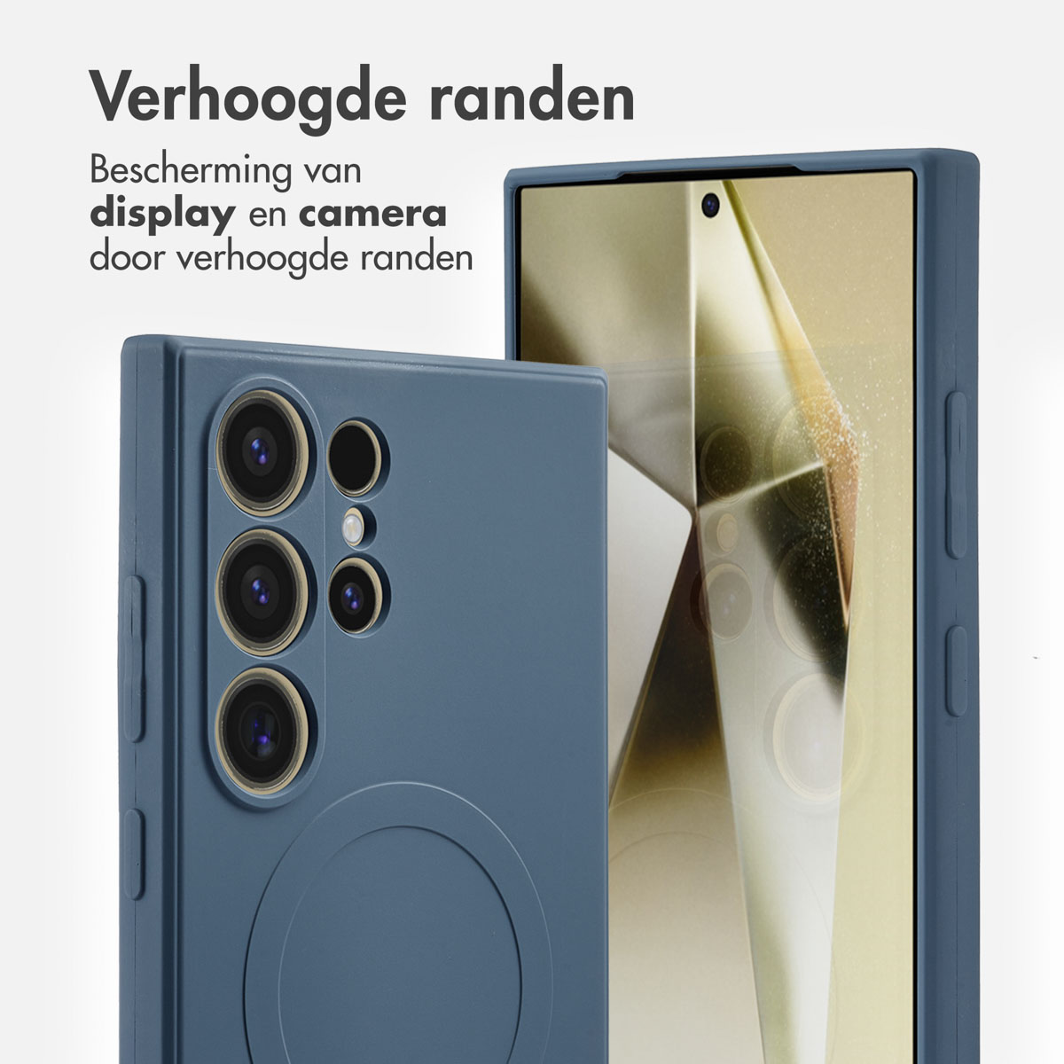 Coque de téléphone bleue avec bords surélevés protégeant l'écran et l'appareil photo. Texte en néerlandais. Écran visible.