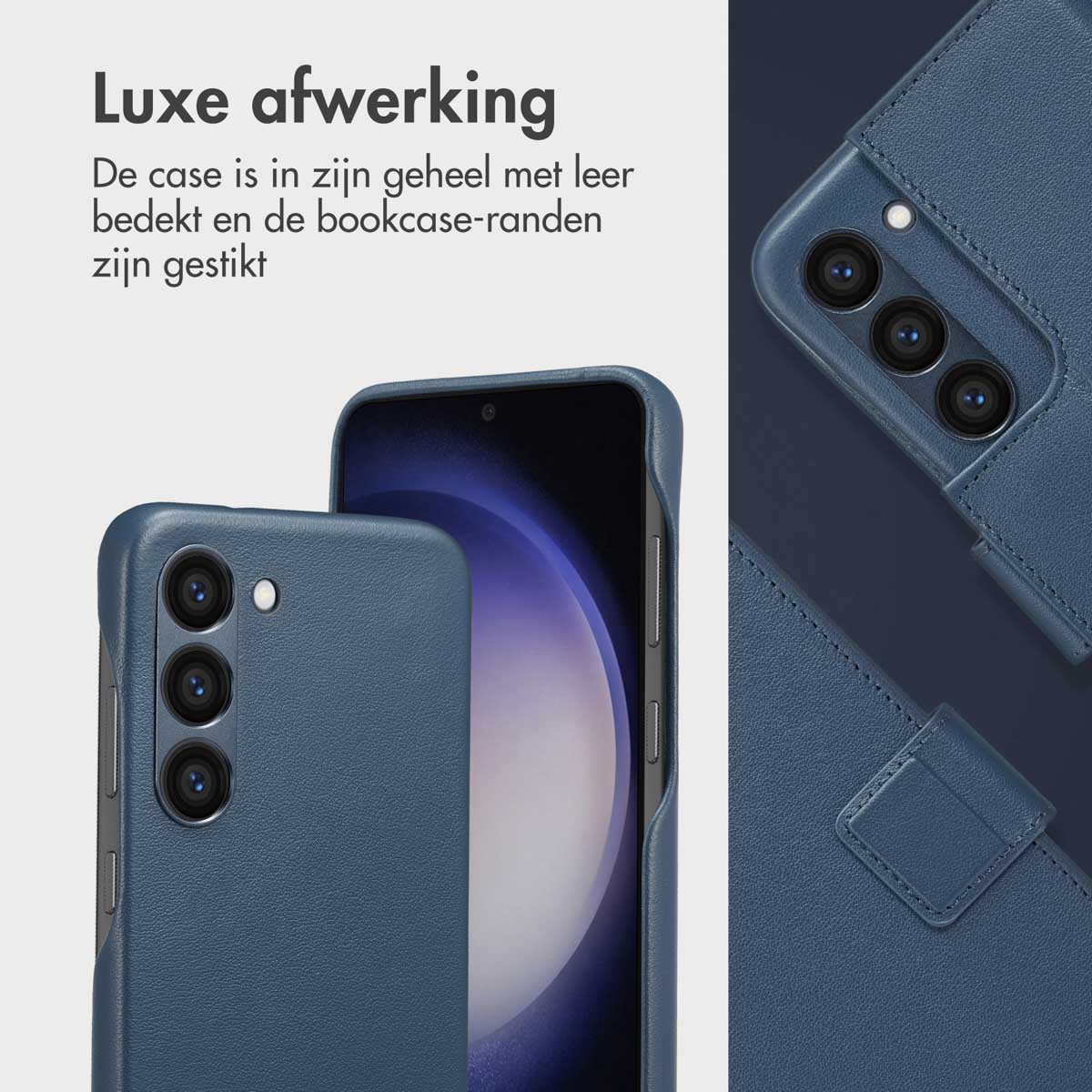 Close-up van een blauwe leren telefoonhoes, met de telefoon en MagSafe accessoires.