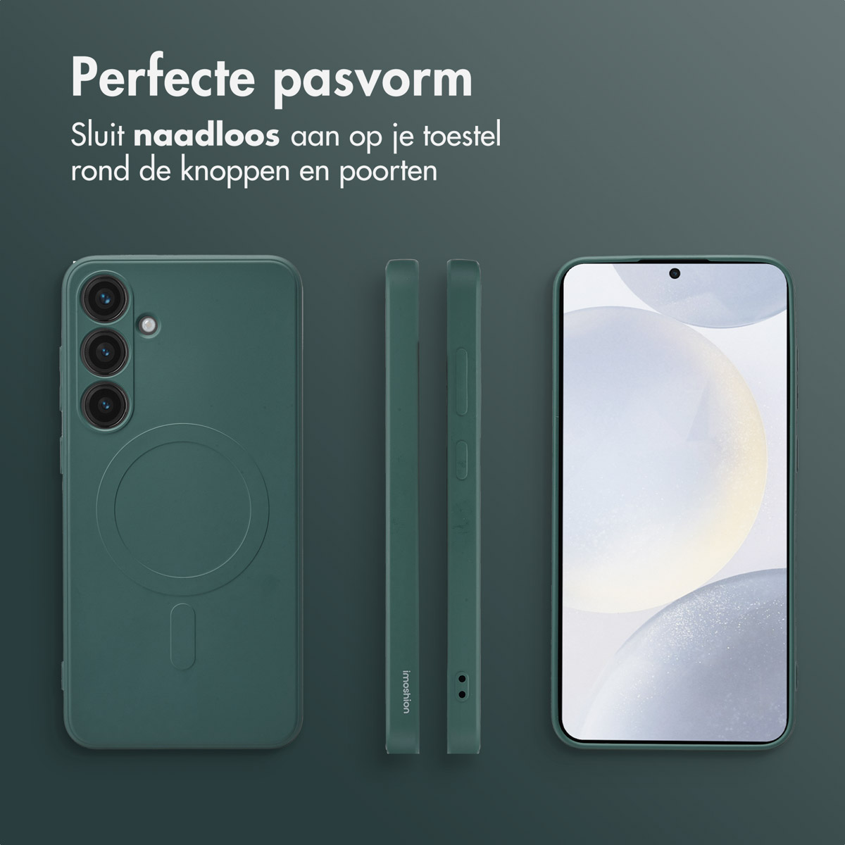 Drie telefoonhoesjes en een telefoon. Eén hoesje heeft een matte groene afwerking. De telefoon heeft een groen hoesje.