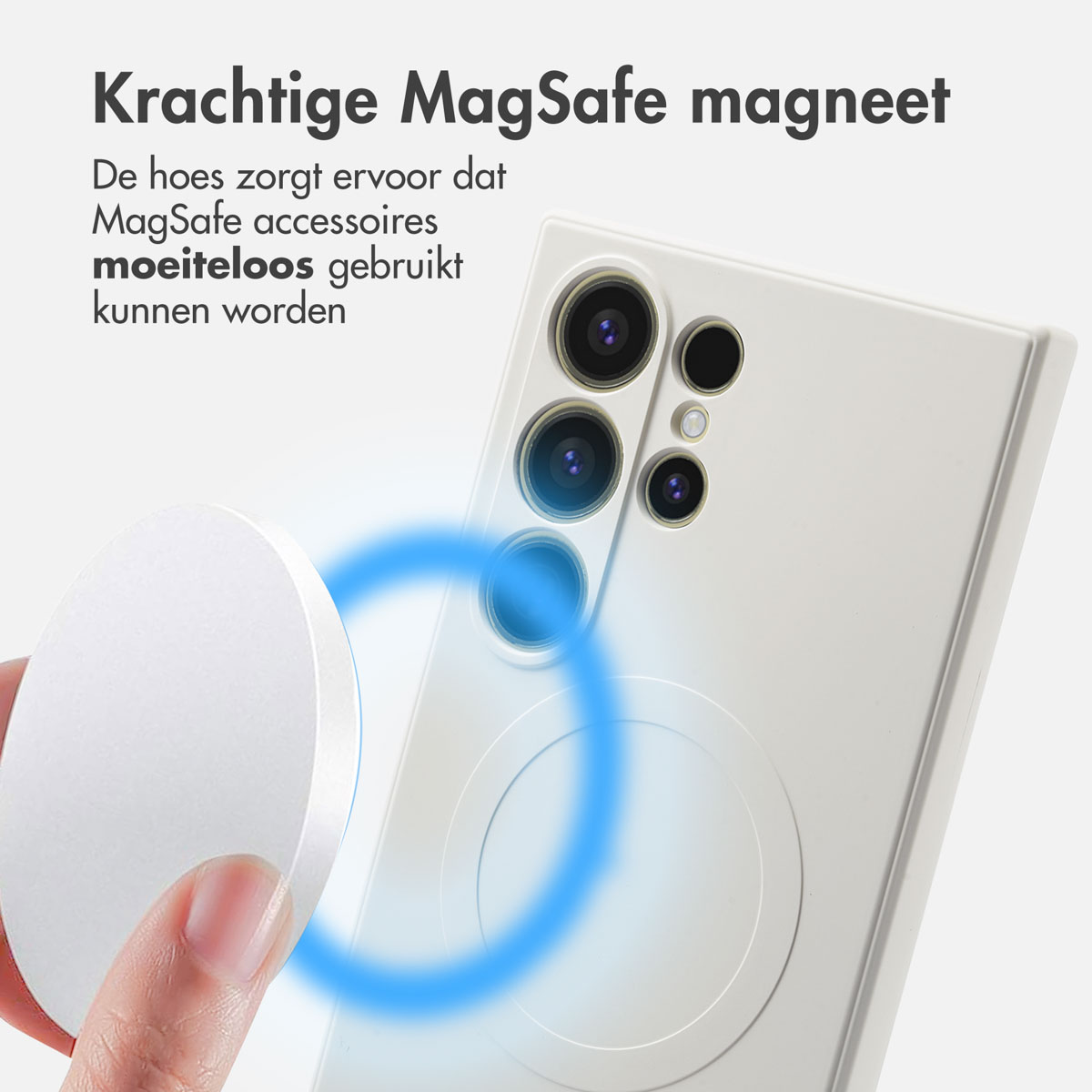 Coque de téléphone blanche avec MagSafe, aimant blanc rond, texte néerlandais : « Aimant MagSafe puissant ».