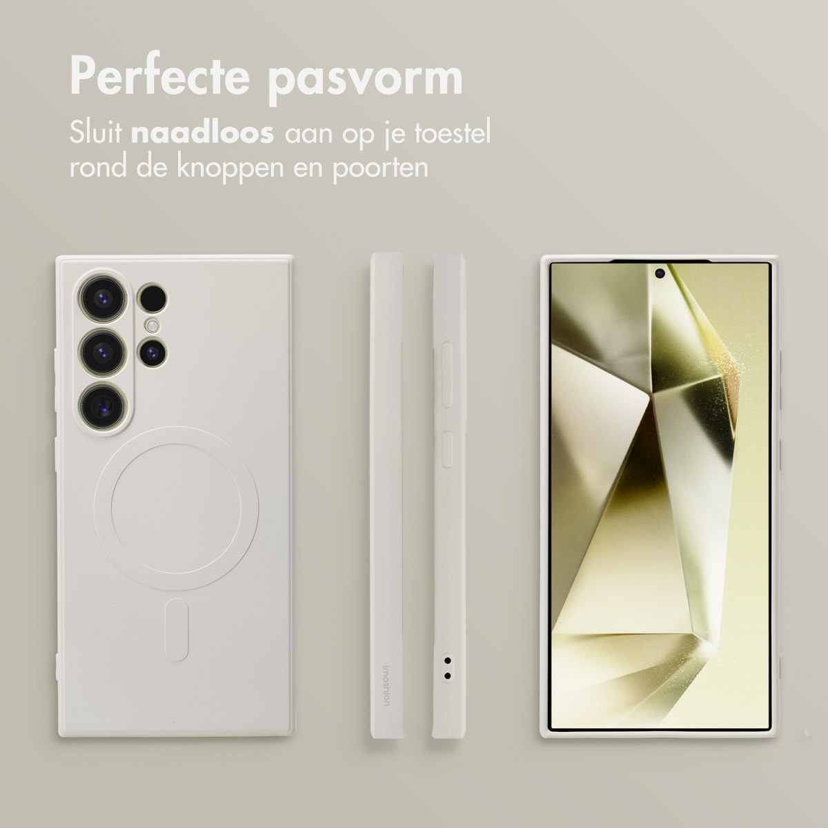 Trois étuis de téléphone et un téléphone. Un étui a une finition blanche. Le téléphone a un étui blanc.