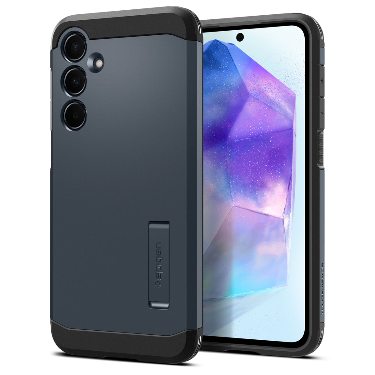 Blauwe telefoonhoes met zwart frame, een standaard en een telefoon met een paars en wit ontwerp.
