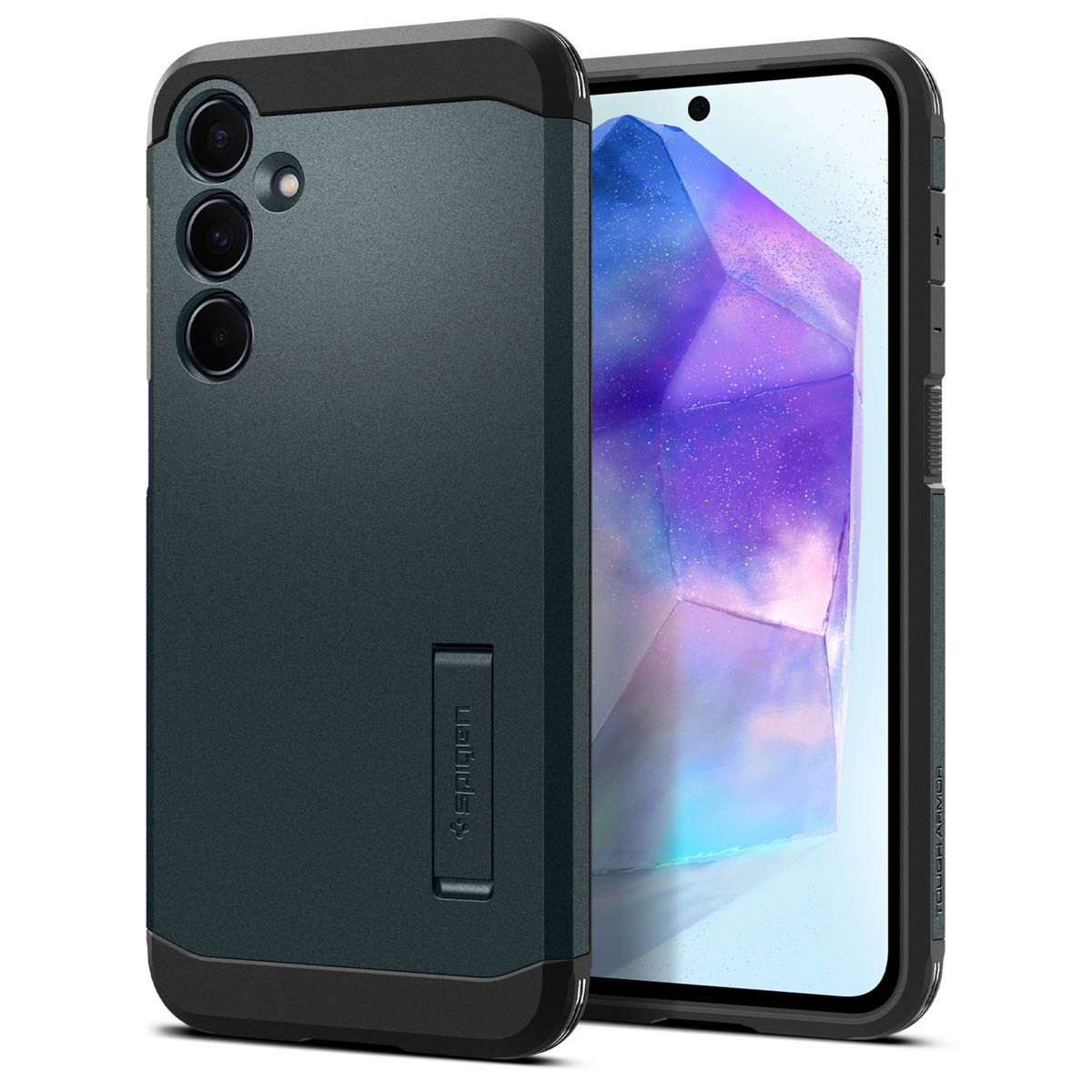 Coque de téléphone verte avec cadre noir, béquille et téléphone visible avec un design violet et blanc.