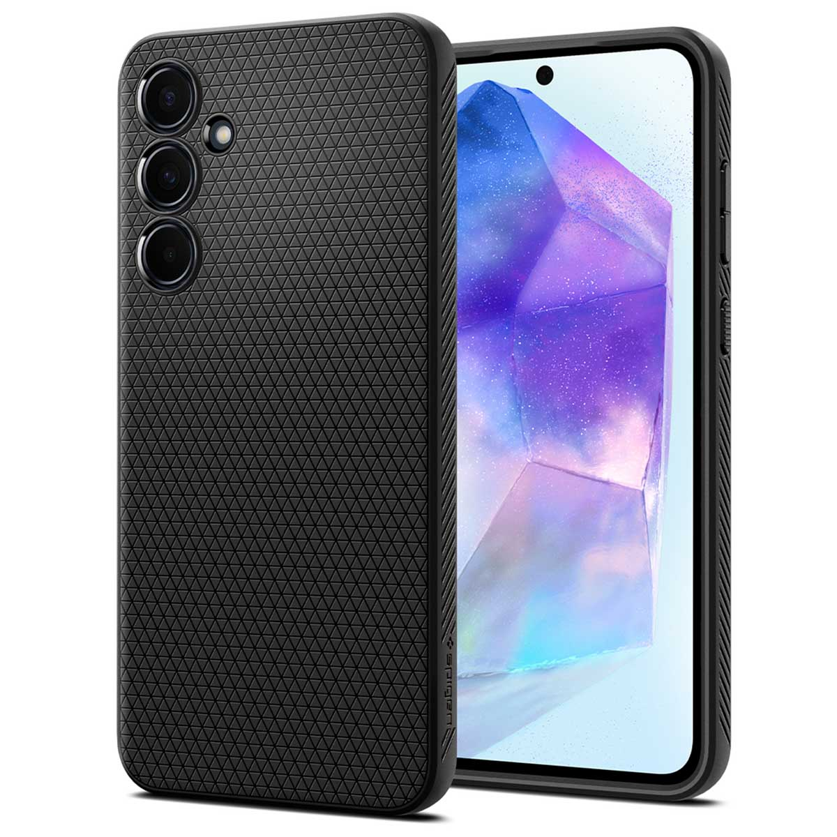 Coque de téléphone noire avec motif texturé au dos. Téléphone à droite.