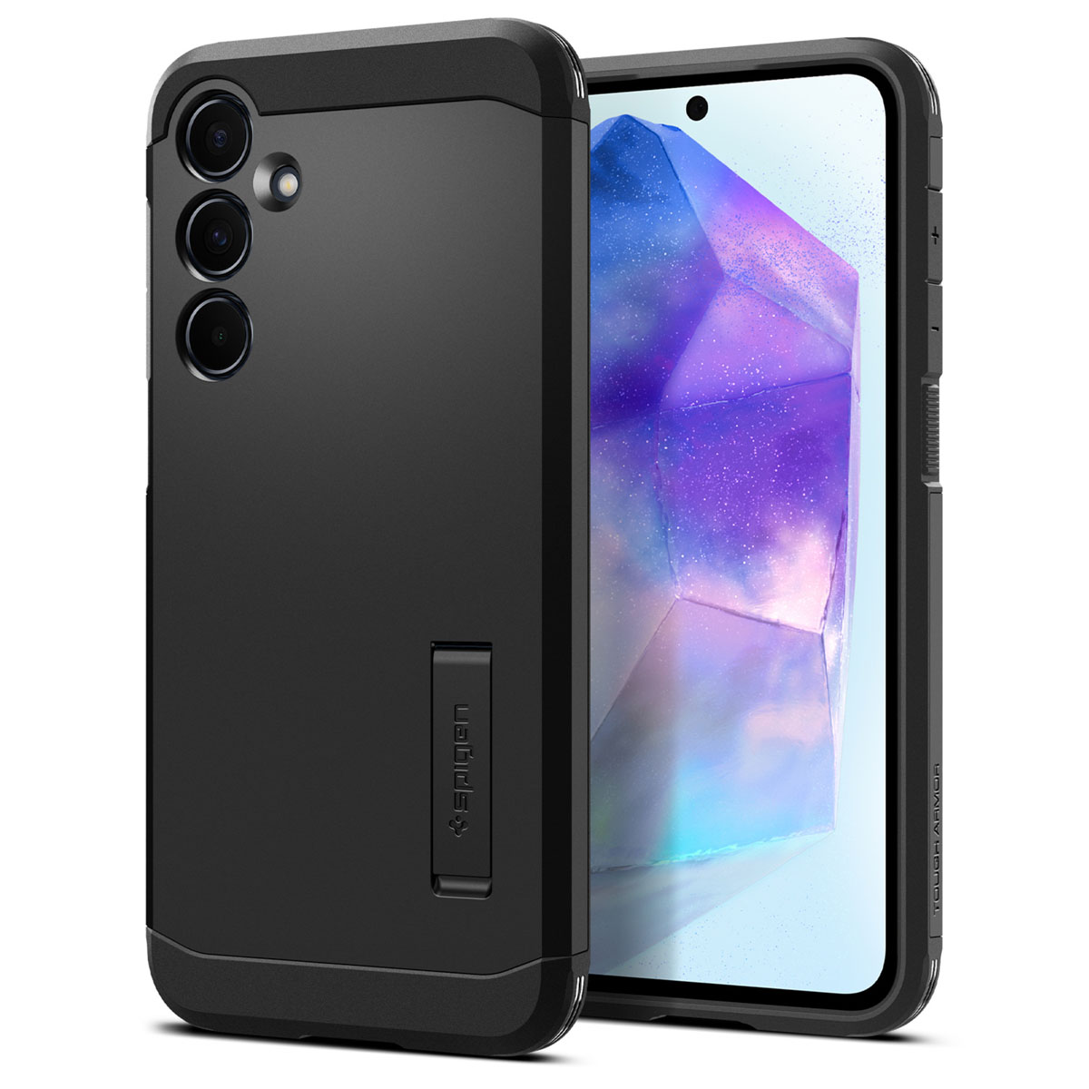 Zwarte telefoonhoes met zwart frame, een standaard en een telefoon met een paars en wit ontwerp.