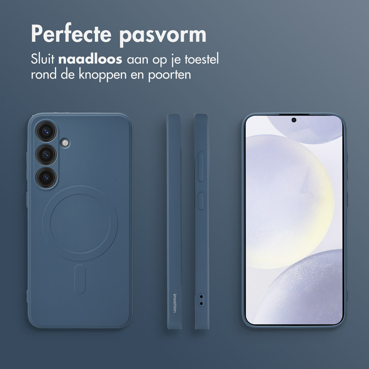 Een telefoonhoes en telefoonscherm, die het ontwerp van de hoes laten zien, met een strakke, moderne uitstraling.
