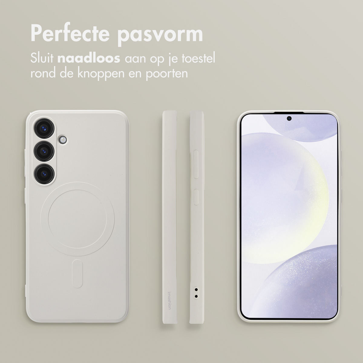 Witte telefoonhoesjes. De telefoonhoes, zijaanzicht en telefoon met een scherm, weergegeven op een lichte achtergrond.