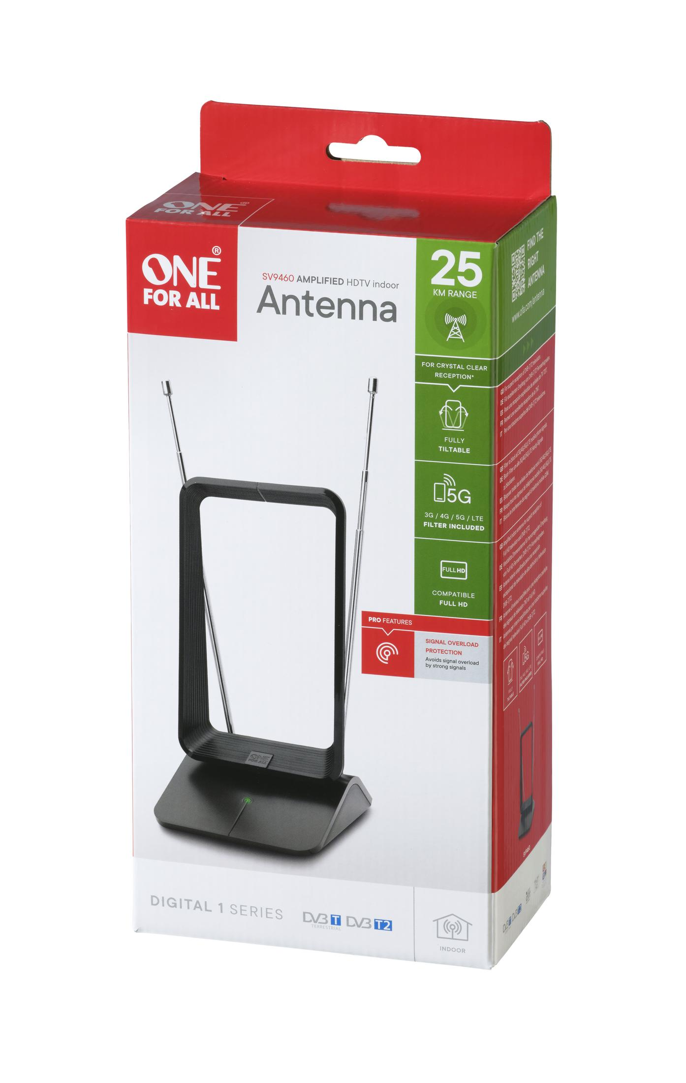 Pudełko z anteną cyfrową w środku, czerwono-czarne, na białym tle.