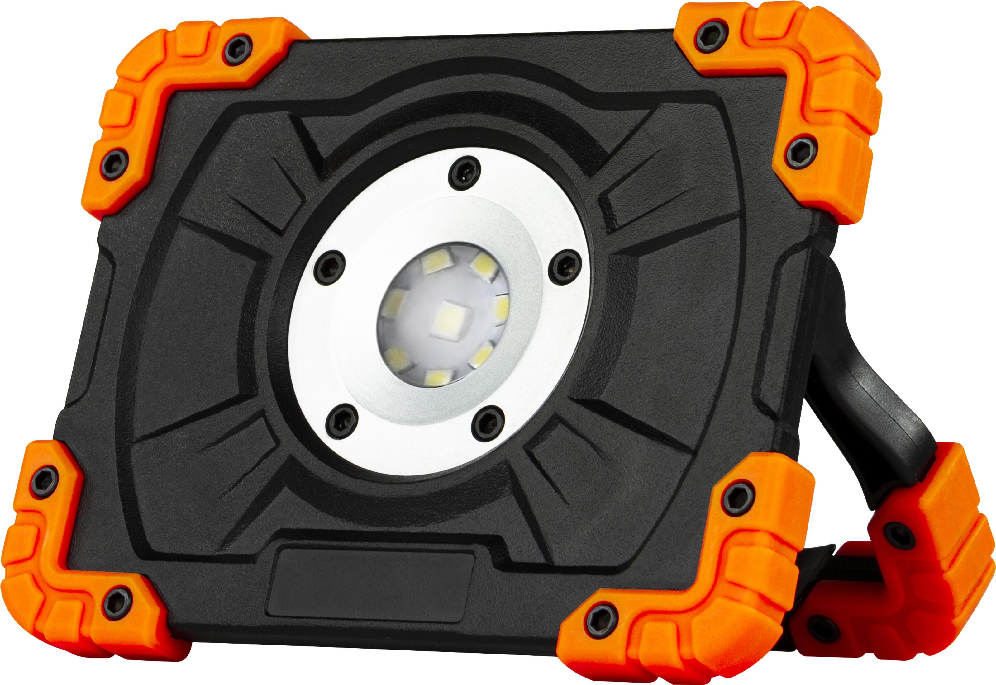 Schwarz-oranges Arbeitslicht mit Griff und mehreren LEDs.