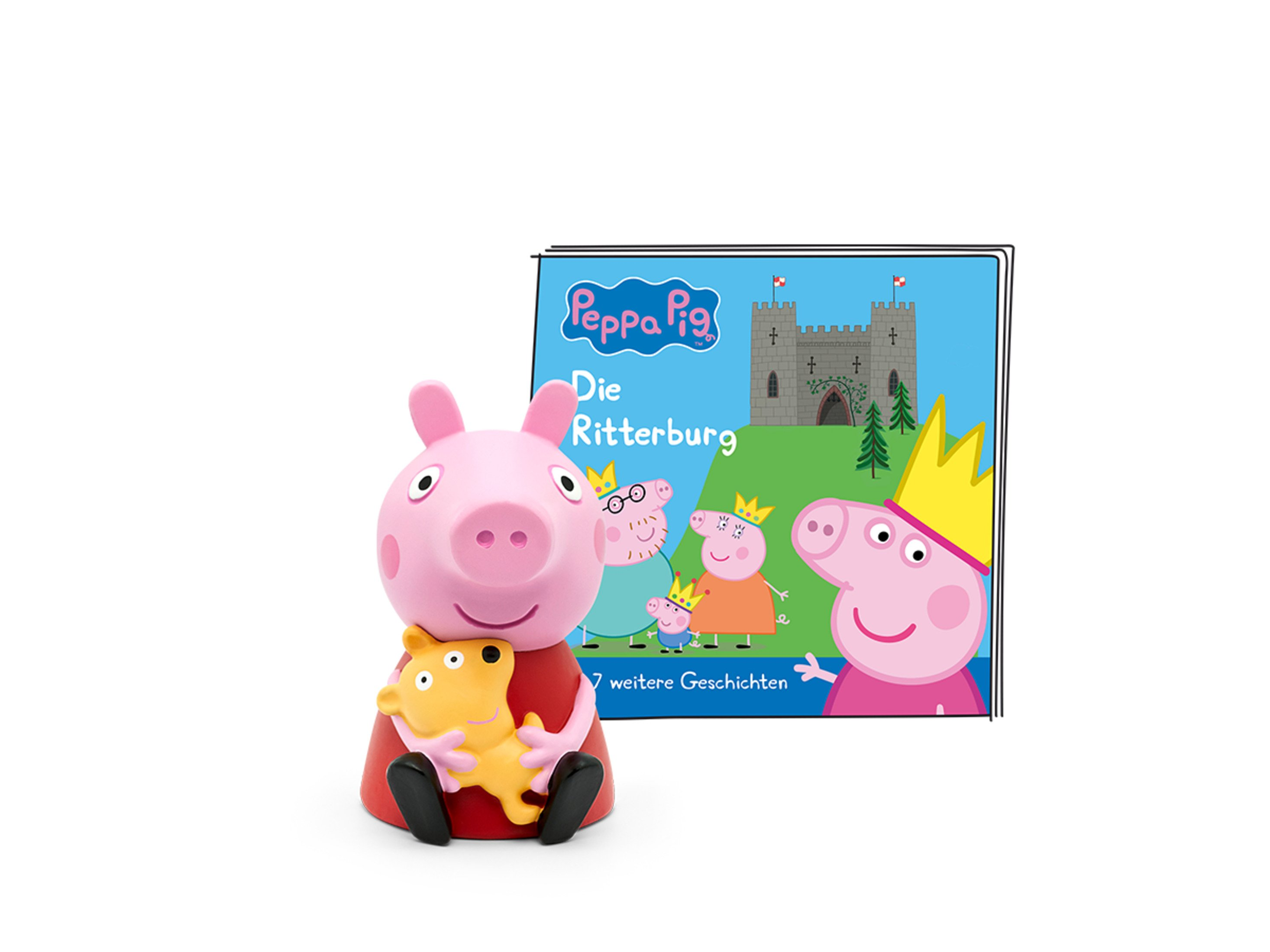 Peppa Wutz Spielzeug mit einem Buch mit dem Titel 'Die Ritterburg' auf weißem Hintergrund.