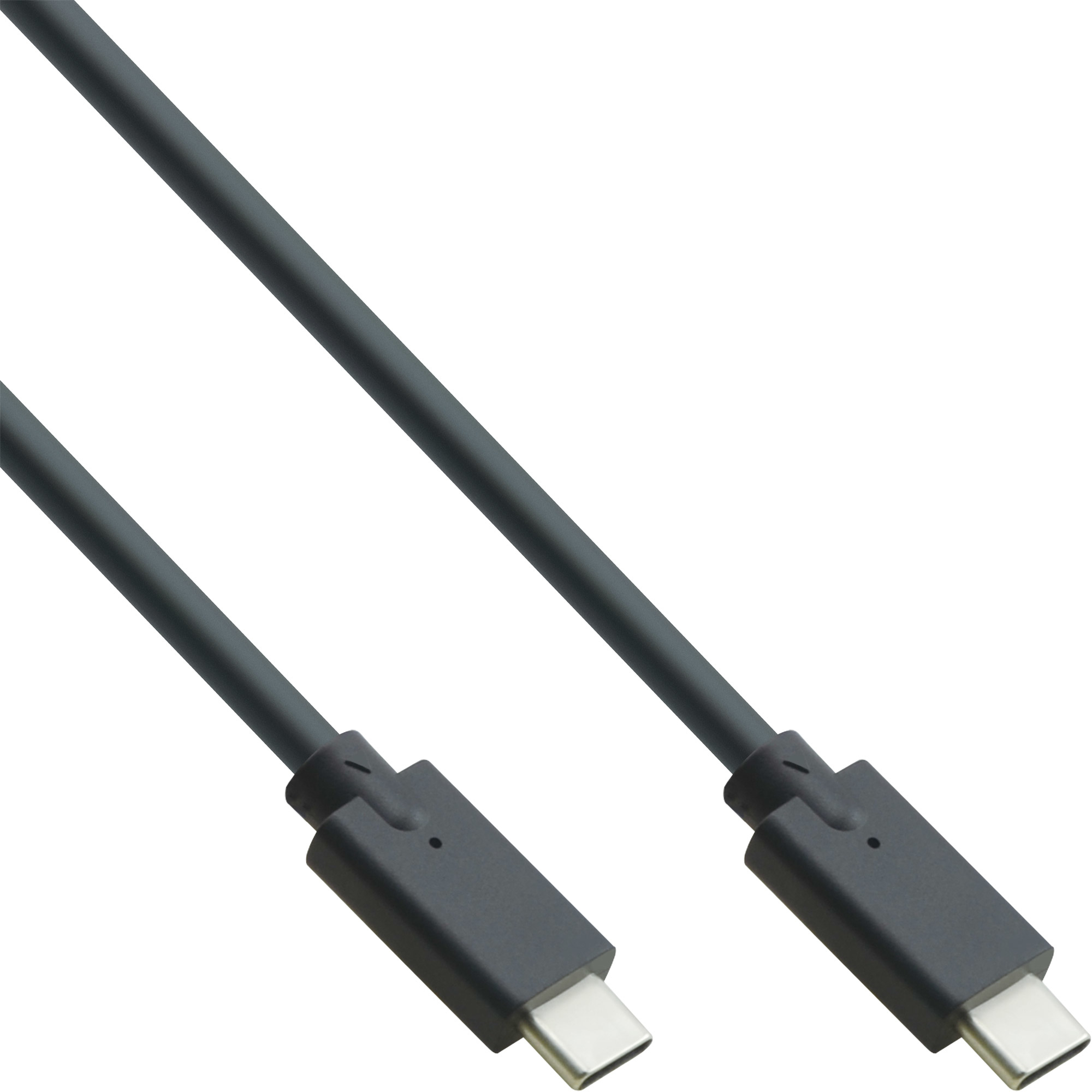 Cavo USB-C nero. Due estremità USB-C. Sfondo bianco.